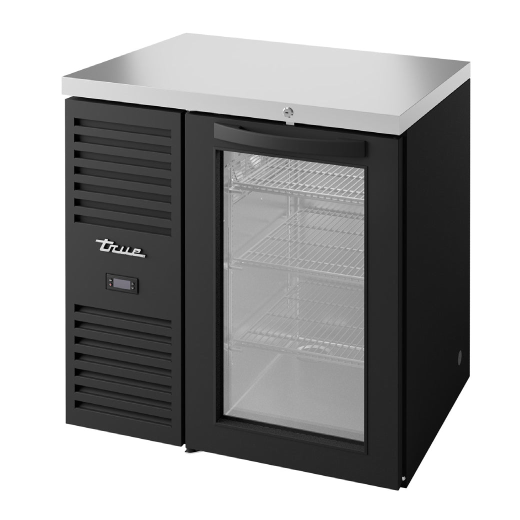 True TBR32-RISZ1-L-B-G-1 back bar refrigerator, black, glass doors, front angle view