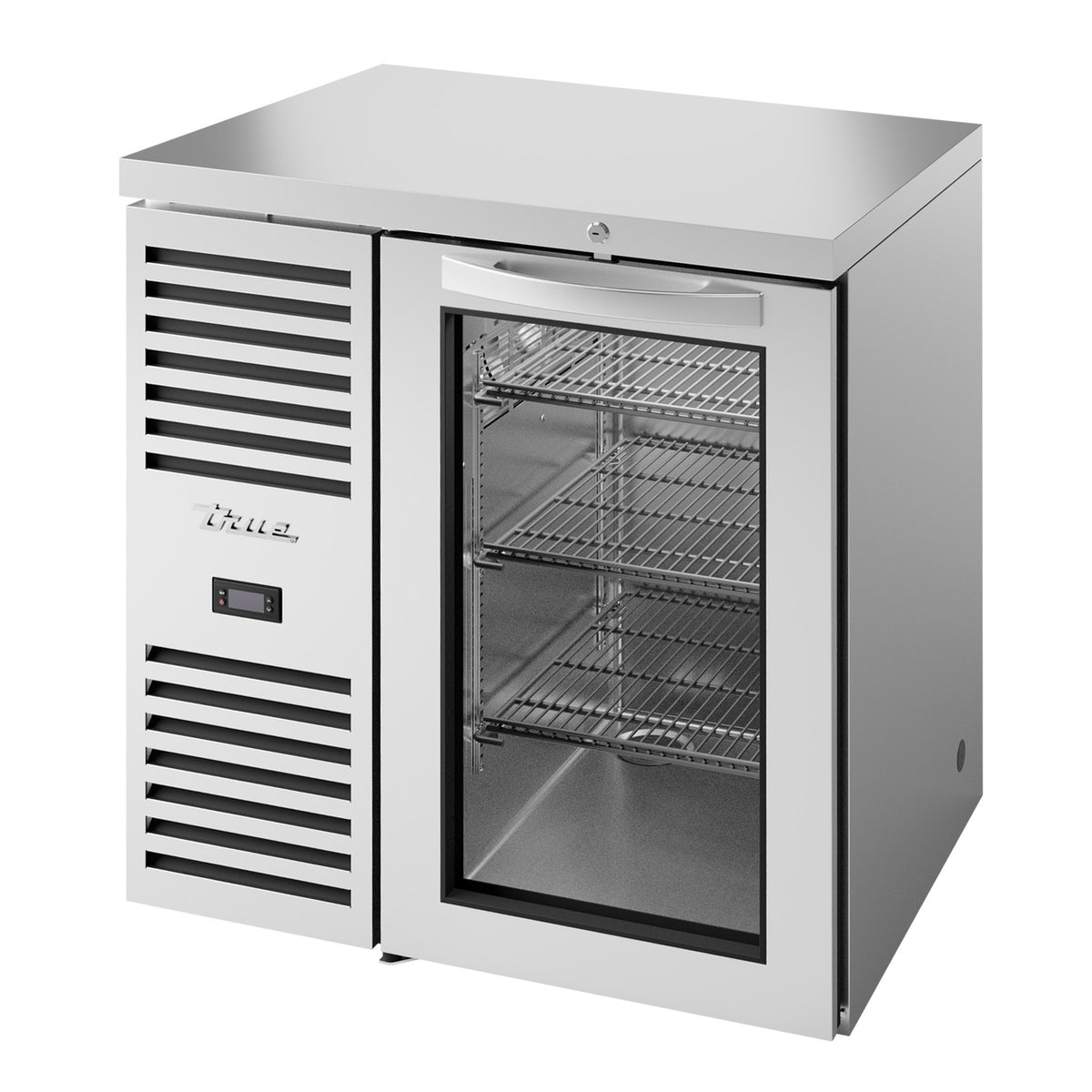 True TBR32-RISZ1-L-S-G-1 back bar refrigerator, stainless steel, glass doors, front angle view