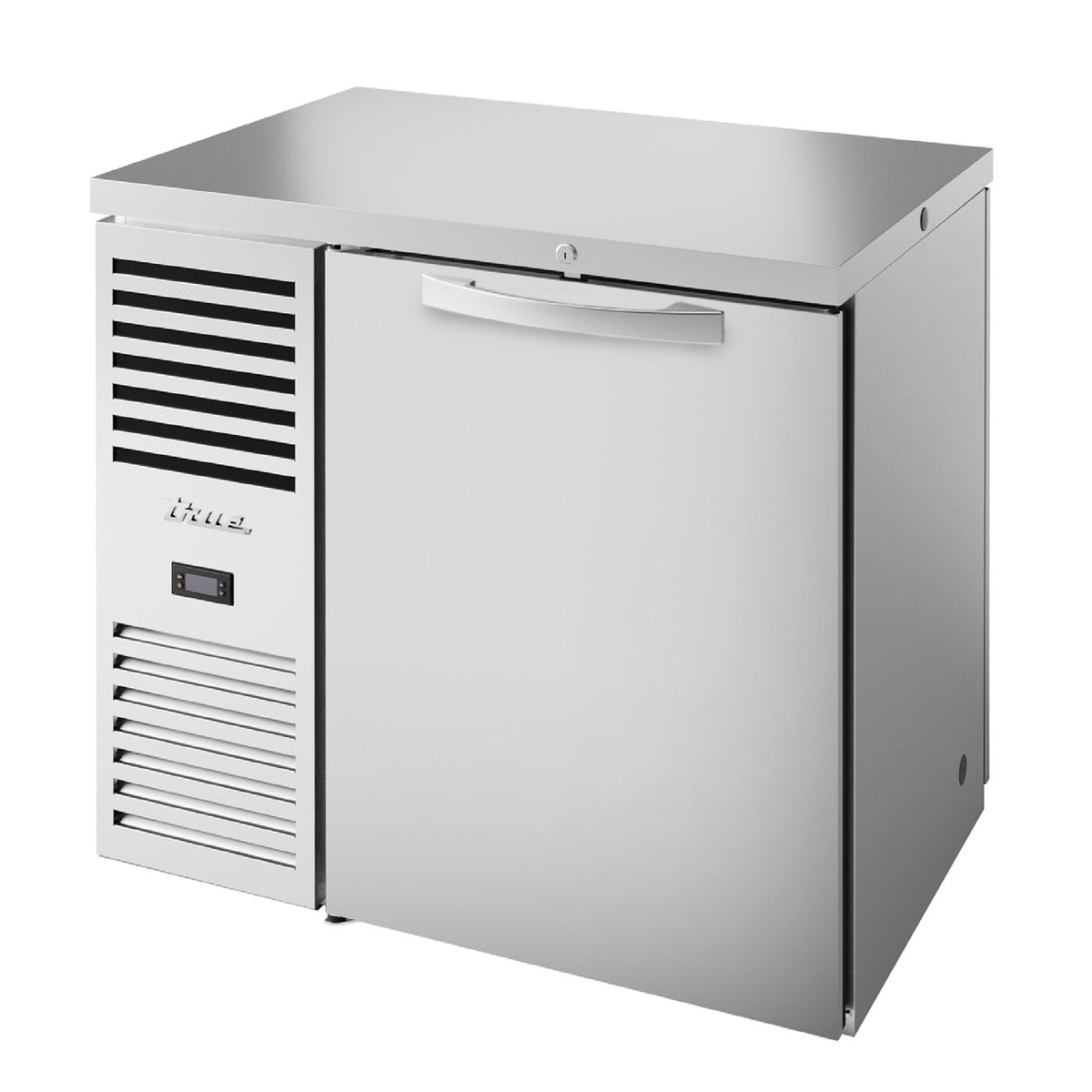 True TBR36-PTSZ1-L-S-S-S-1 back bar refrigerator, stainless steel, front angle view