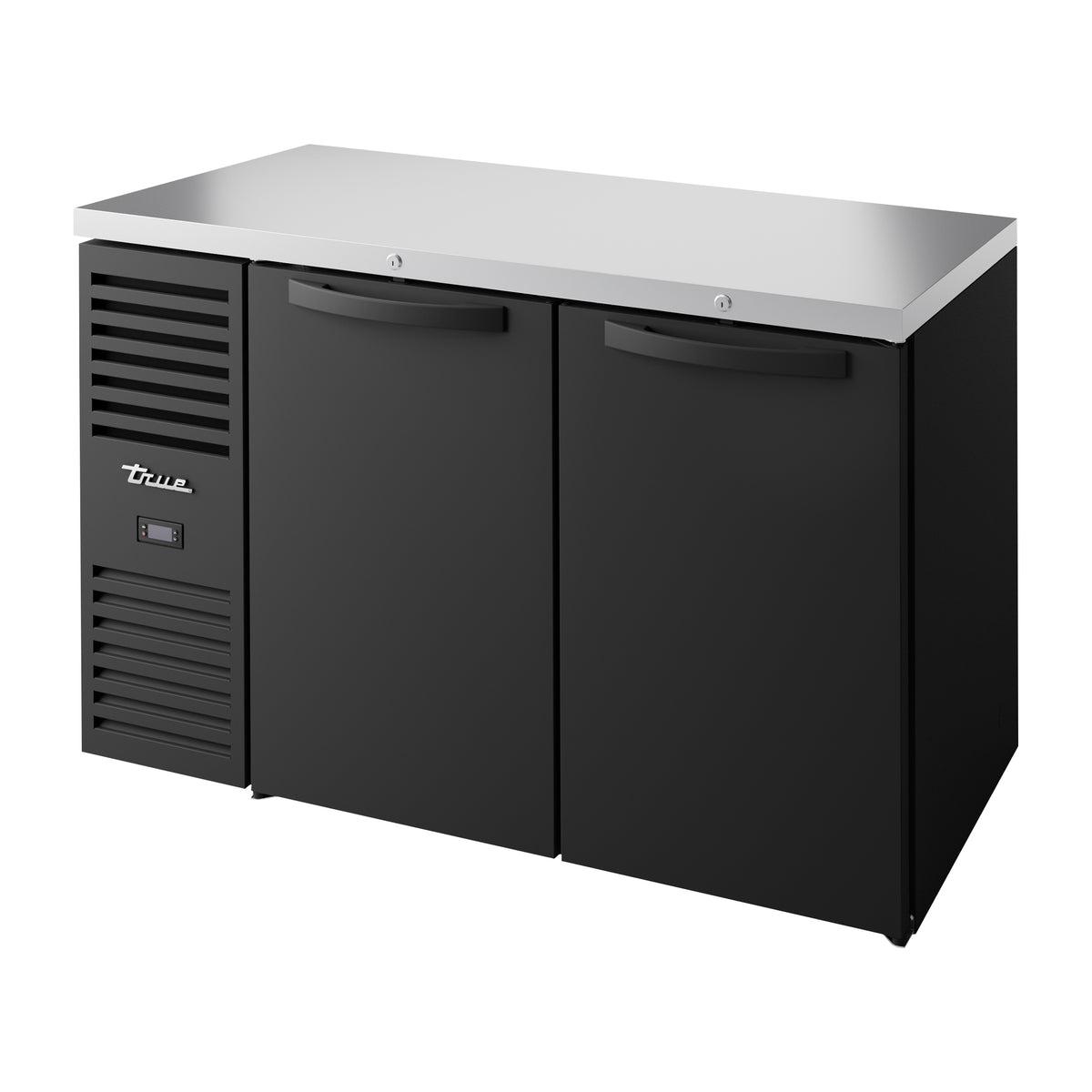 True TBR52-RISZ1-L-B-SS-1 back bar refrigerator, black, front angle view