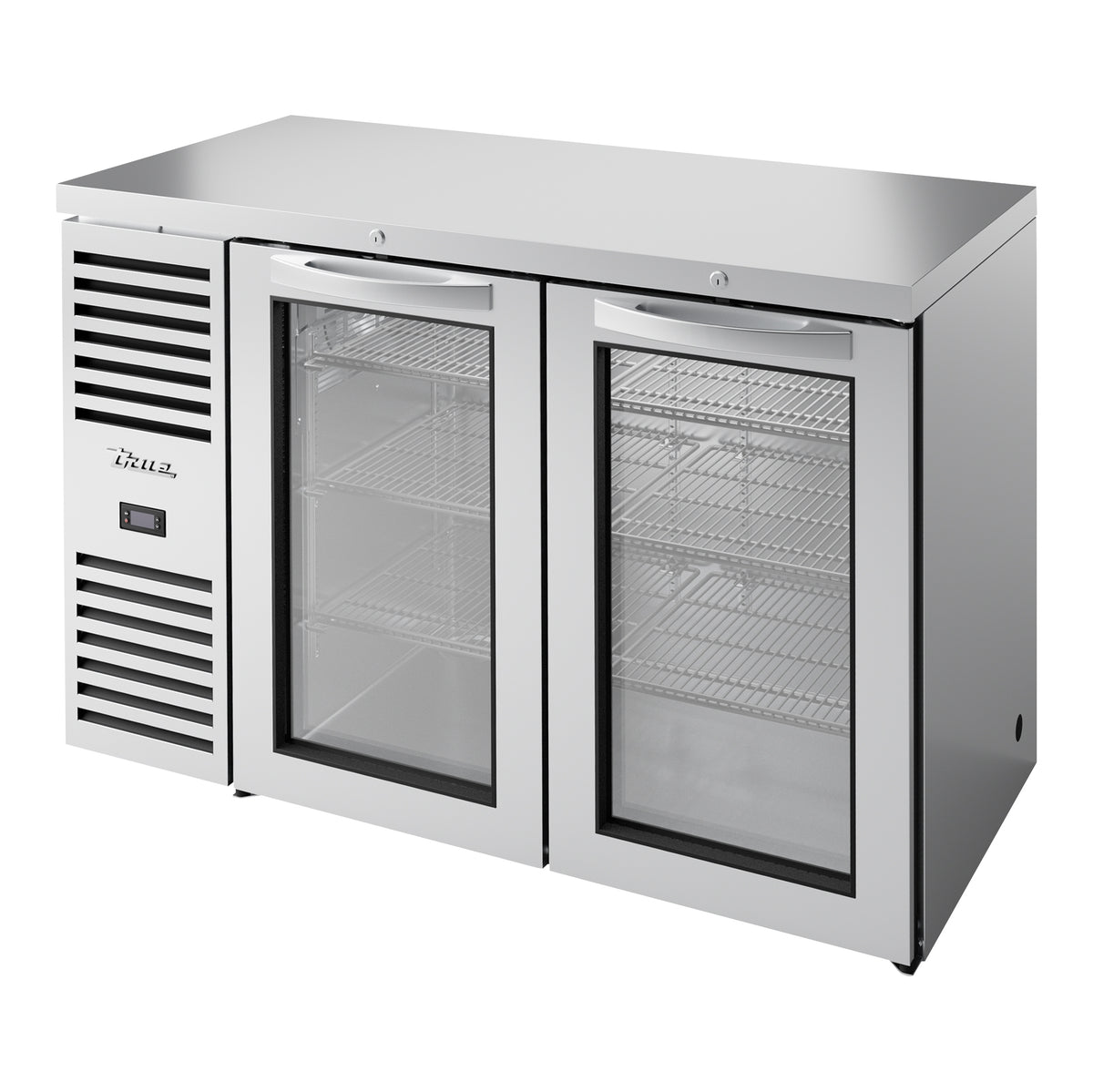True TBR52-RISZ1-L-S-GG-1 back bar refrigerator, stainless steel, glass doors, front angle view