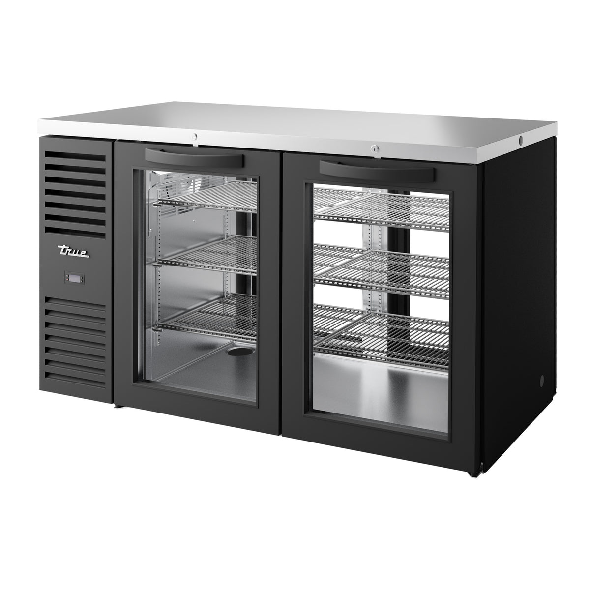 True TBR60-PTSZ1-L-B-GG-GG-1 back bar refrigerator, black, glass doors, front angle view