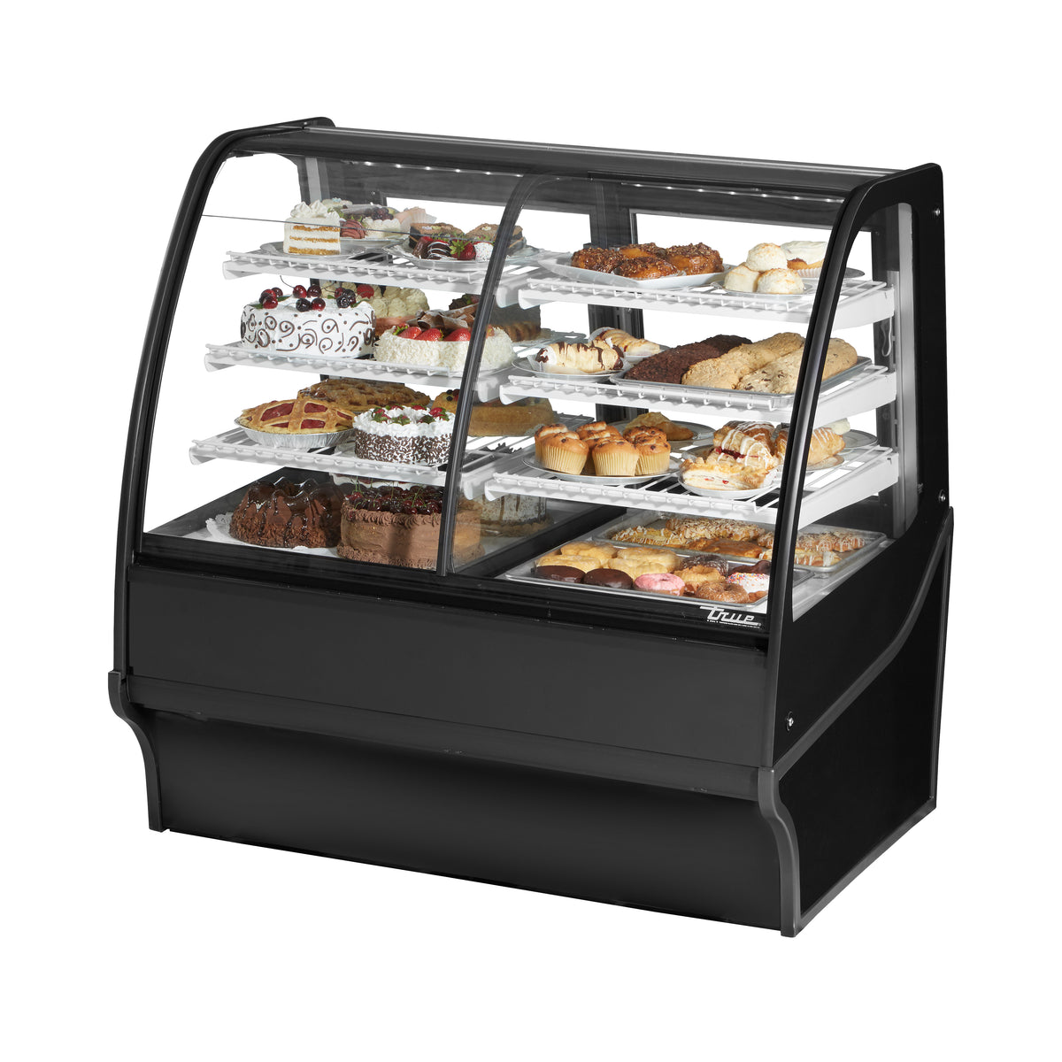 True TDM-DZ-48-GE/GE-S-S 48" curved glass dual zone display case with black exterior, front angle view stocked with baked goods