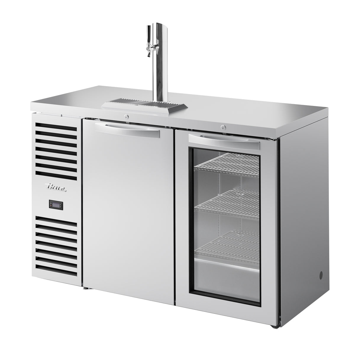 True TDR52-RISZ1-L-S-SG-1 direct draw beer dispenser, stainless steel, one solid and one glass door, front angle view