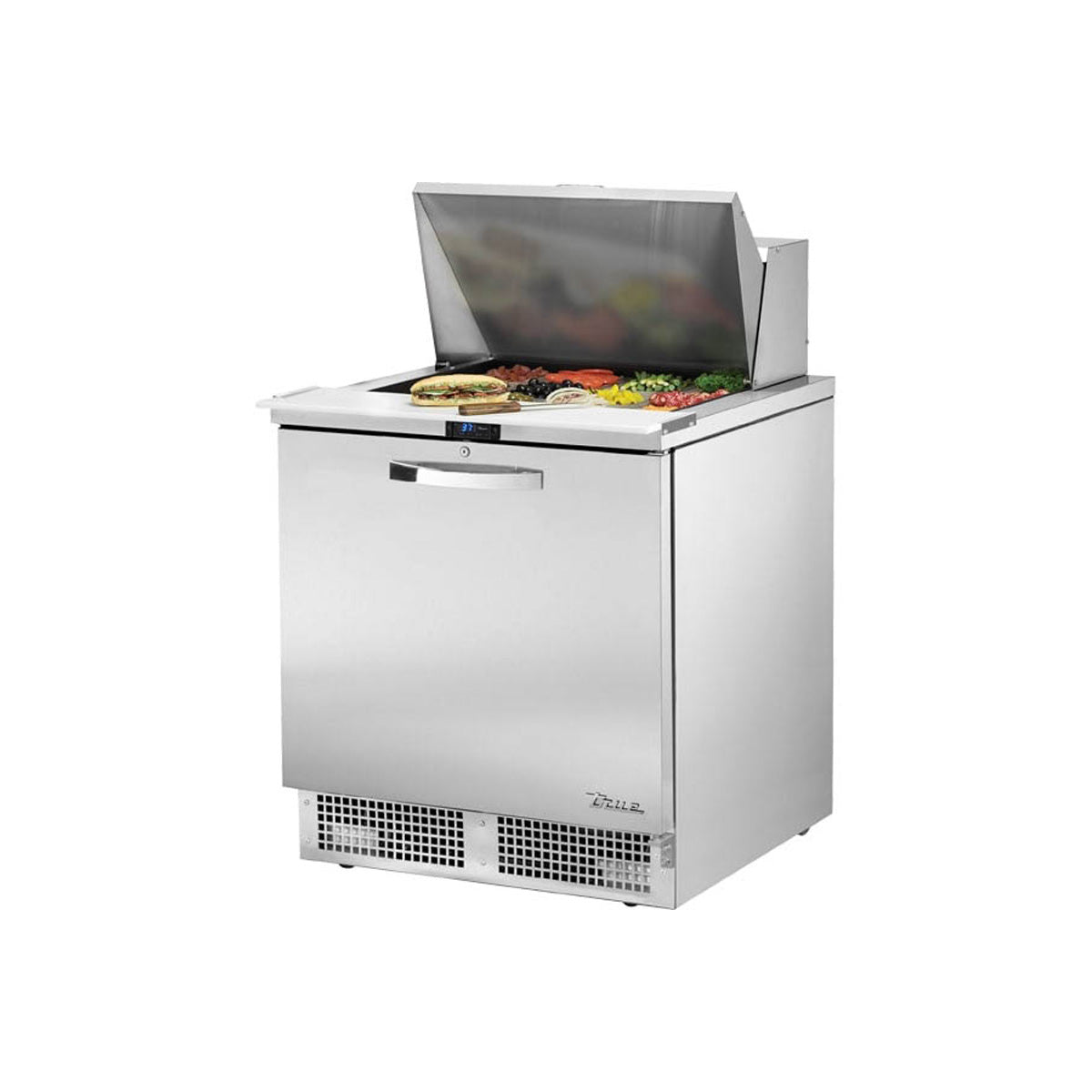 True TFP-32-12M-HC~SPEC3 food prep table, front angle view, lid open with ingredients in the pans