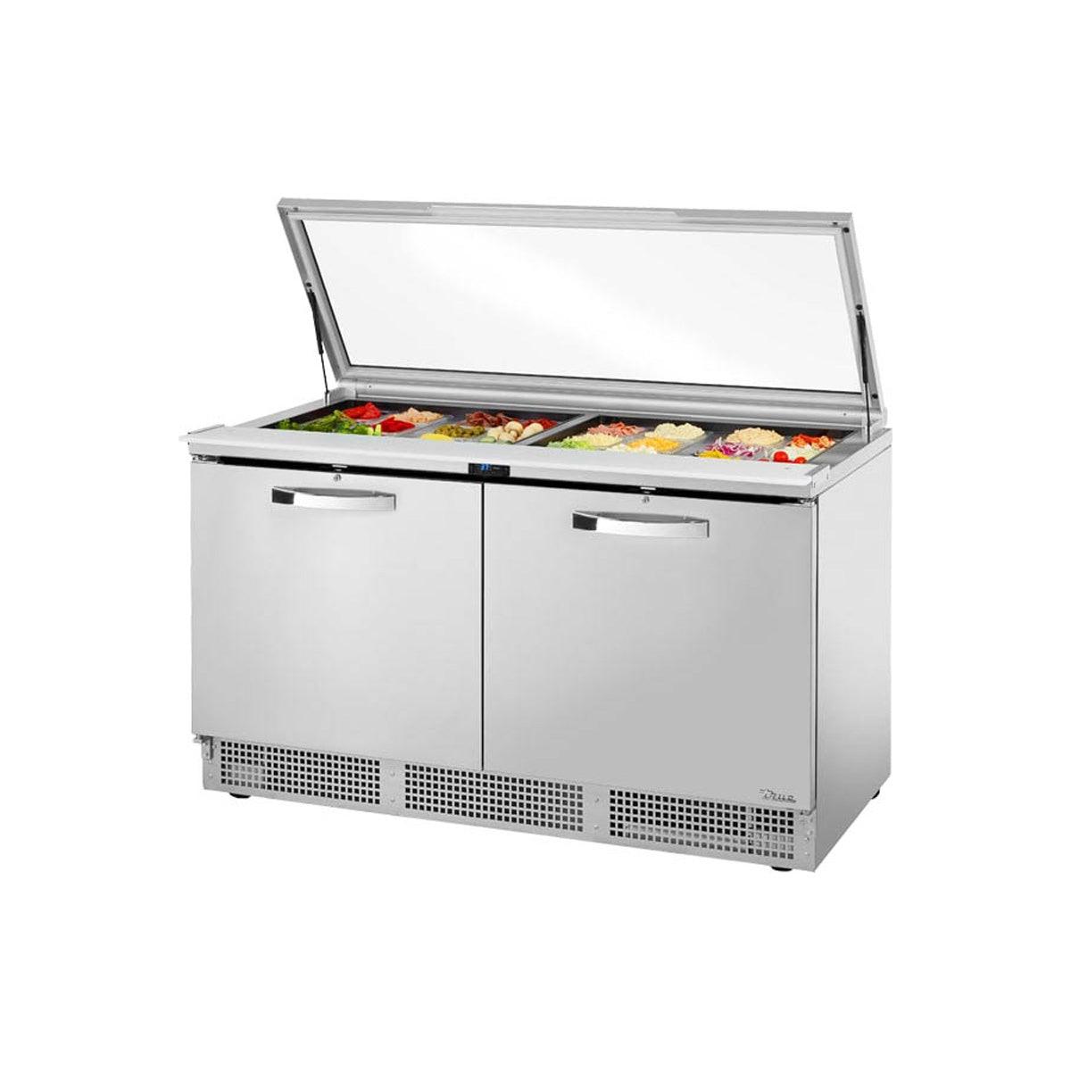 True TFP-64-24M-FGLID-HC~SPEC3 food prep table, front angle view, flat glass lid open with ingredients in the pans