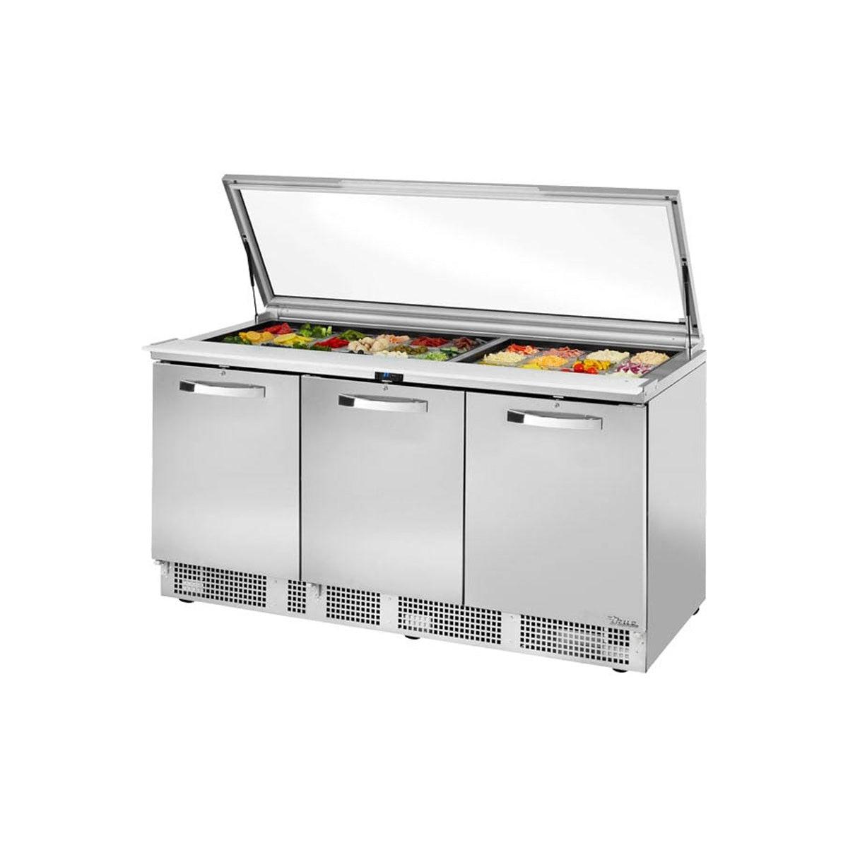 True TFP-72-30M-FGLID-HC~SPEC3 food prep table, front angle view, flat glass lid open with ingredients in the pans
