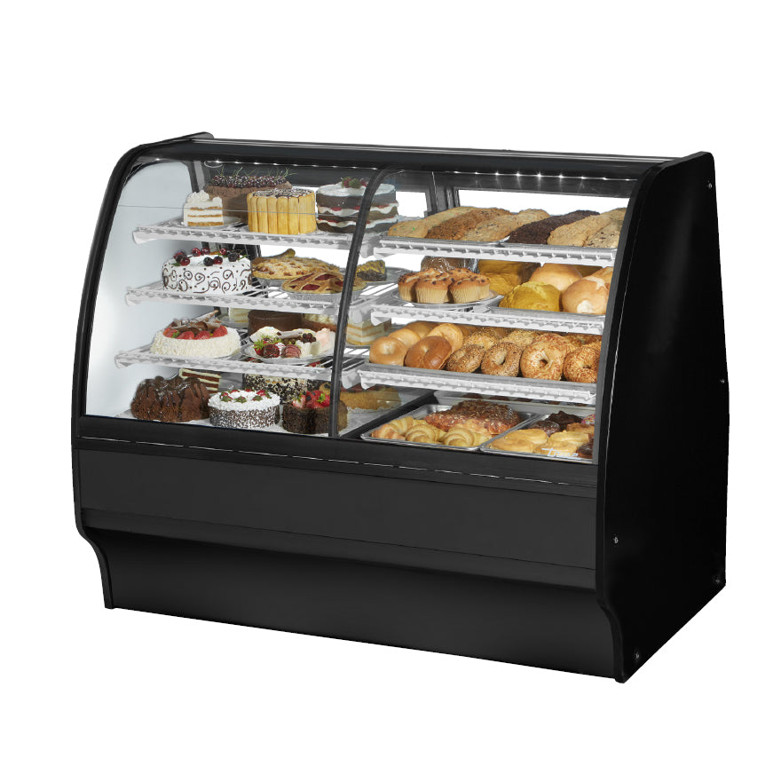 True TGM-DZ-59-SC/SC-S-W 59" curved glass dual zone display case with black exterior, front angle view stocked with baked goods