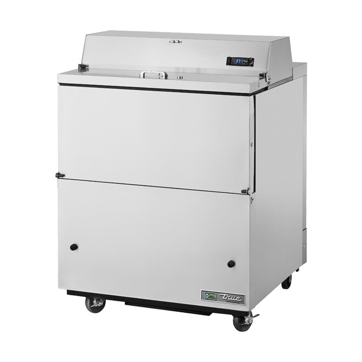 True TMC-34-S-HC single-sided school milk cooler, stainless steel exterior, front angle view