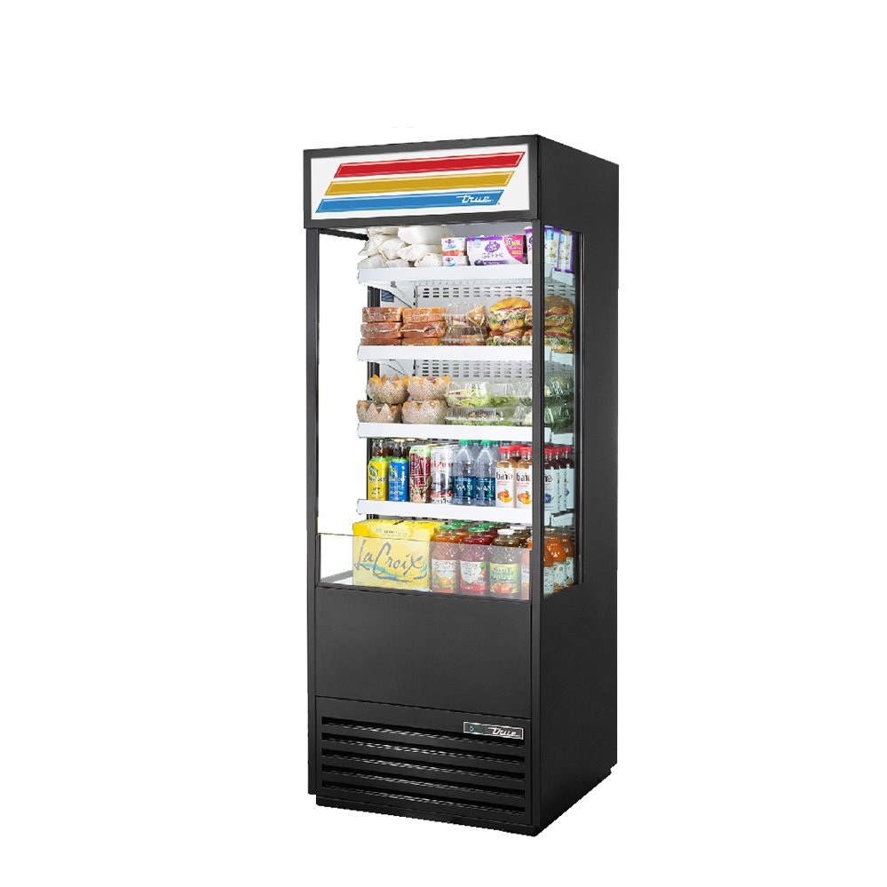 True TOAM-30GS-HC~TSL01 open air merchandiser, front angle view, stocked with product