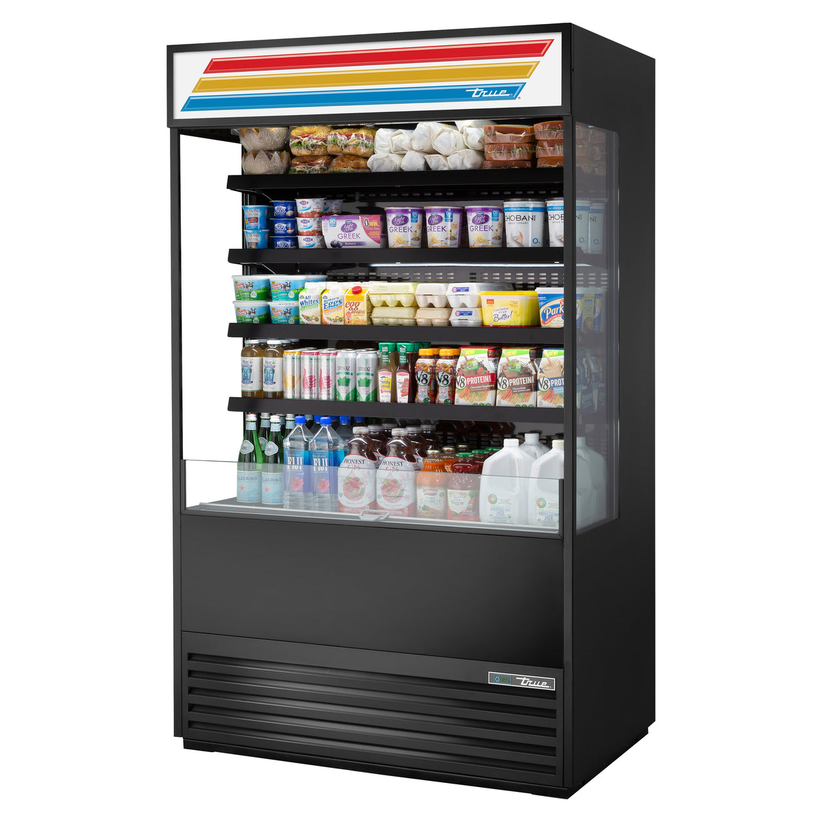 True TOAM-48GS-HC~TSL01 open air merchandiser, front angle view, stocked with product