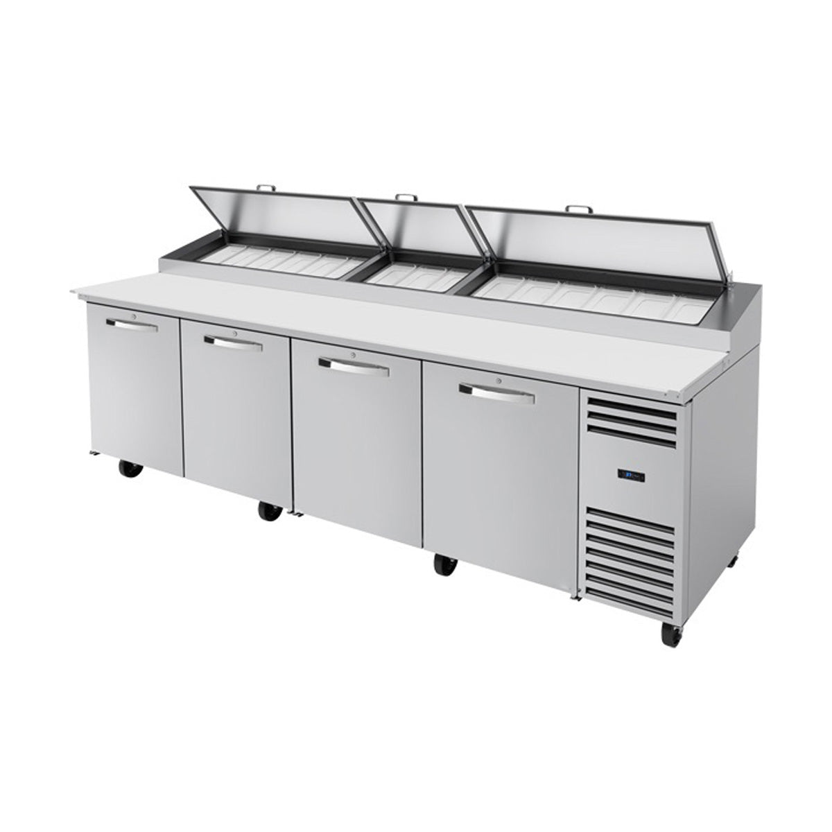 True TPP-AT-119-HC~SPEC3 pizza prep table, front angle view, lids open over the pan rail