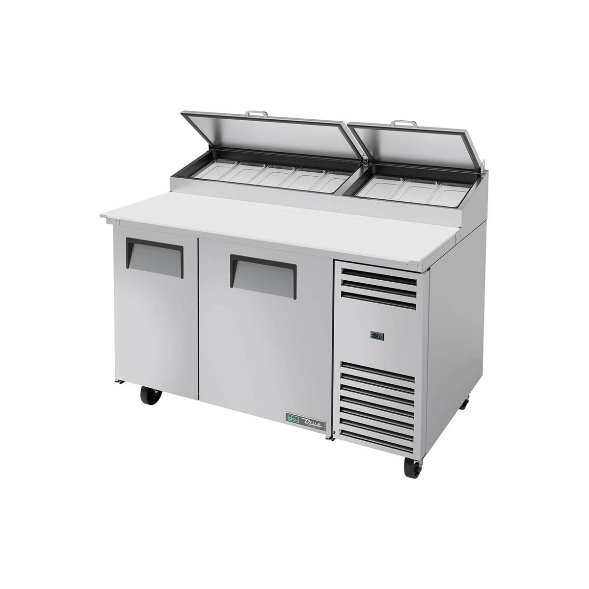 True TPP-AT-60-HC~SPEC3 pizza prep table, front angle view, lids open over the pan rail