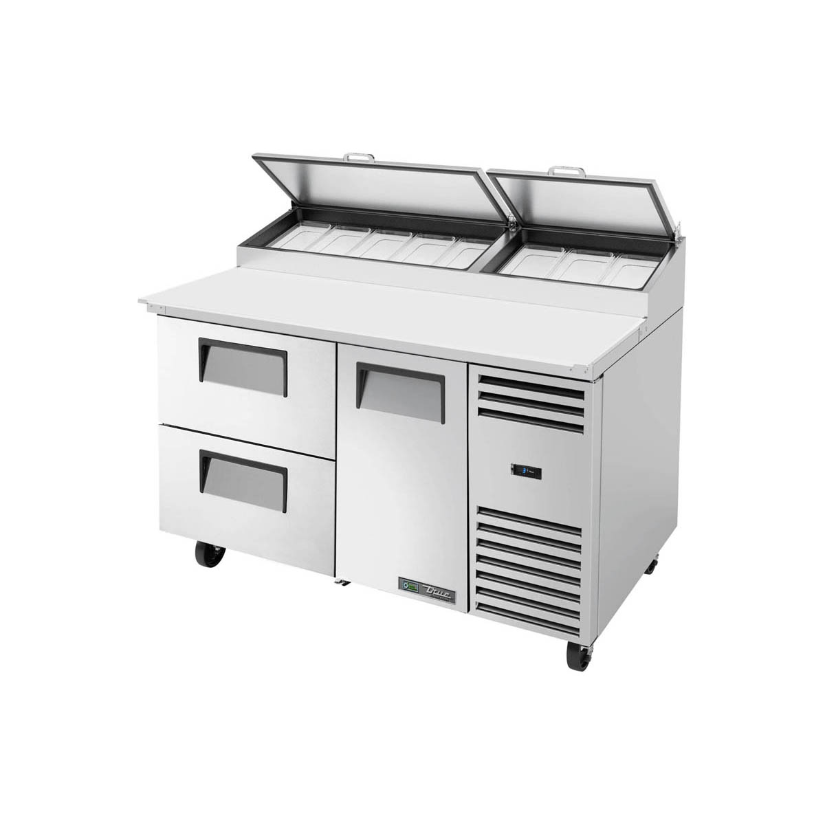 True TPP-AT-60D-2-HC~SPEC3 pizza prep table, front angle view, lids open over the pan rail