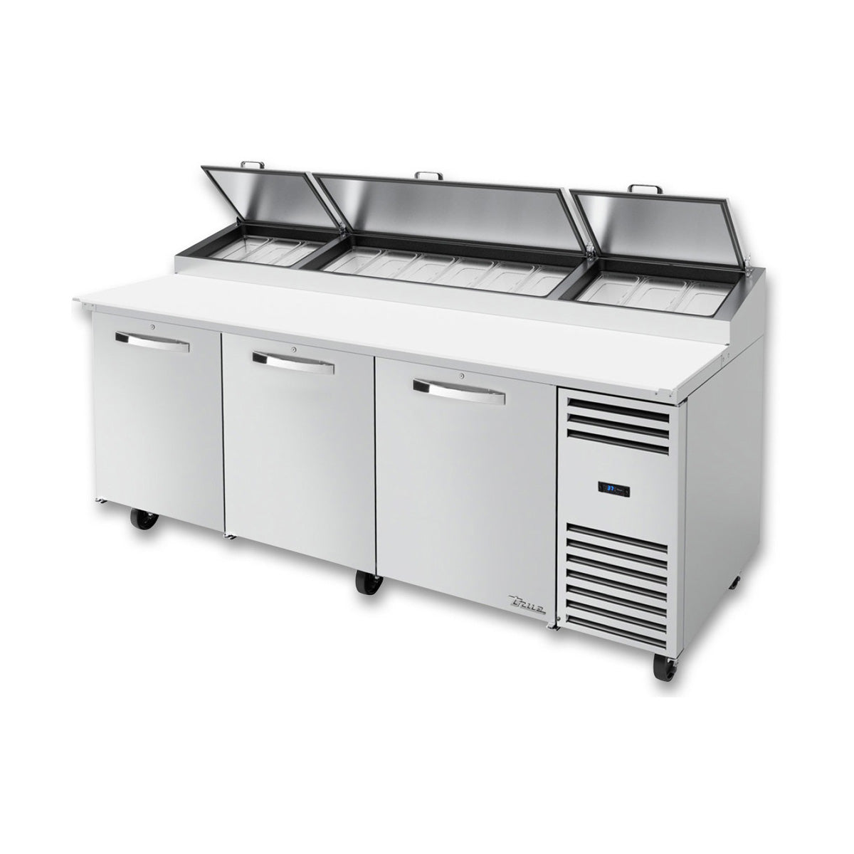 True TPP-AT2-93-HC~SPEC3 93" Refrigerated Pizza Prep Table w/ 3 Doors, (12) 1/3 Pans