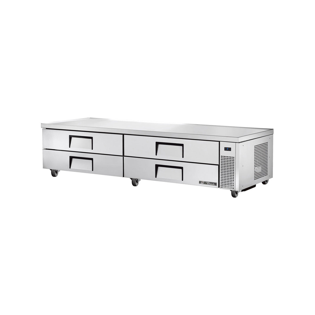 True TRCB-96-HC 4-drawer chef base, front angle view, drawers closed