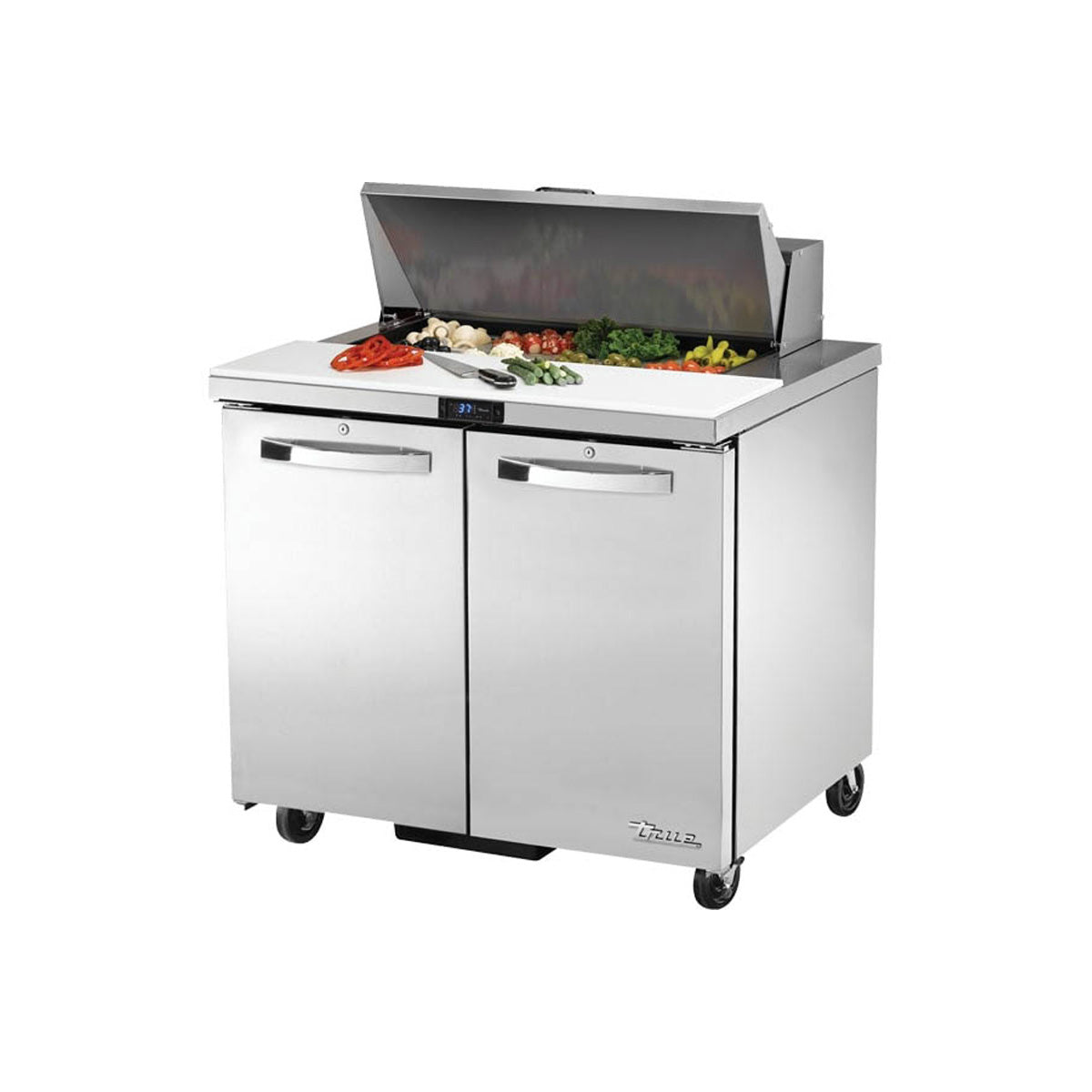 True TSSU-36-08-HC~SPEC3 sandwich/salad prep table, front angle view, lid open with ingredients in the pans