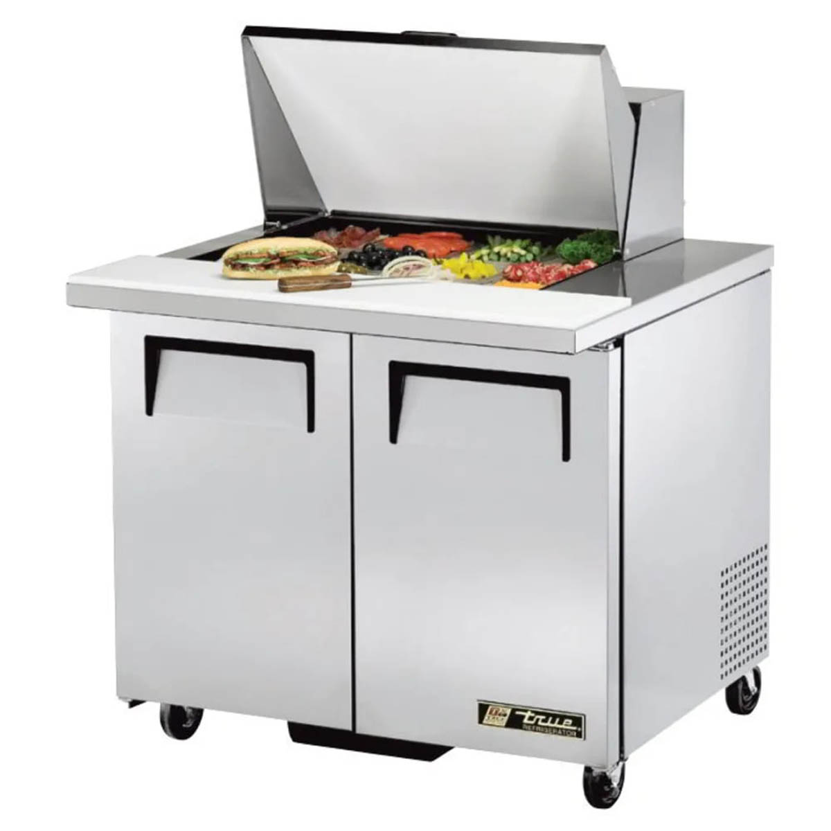 True TSSU-36-12M-B-HC sandwich/salad prep table, front angle view, lid open with ingredients in the pans