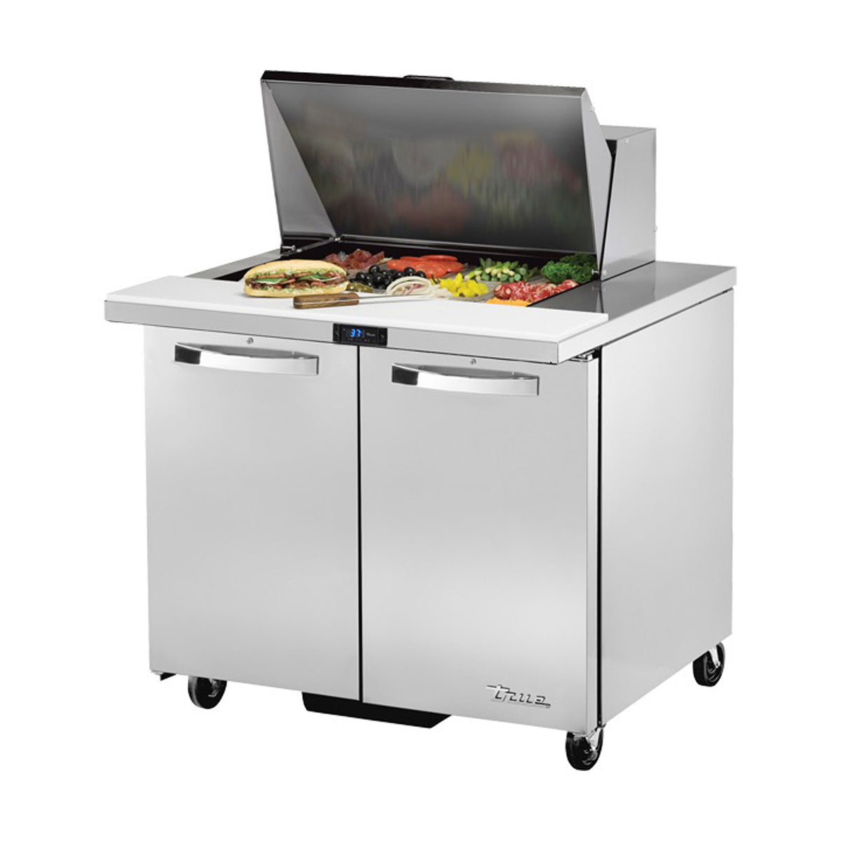 True TSSU-36-12M-B-HC~SPEC3 sandwich/salad prep table, front angle view, lid open with ingredients in the pans