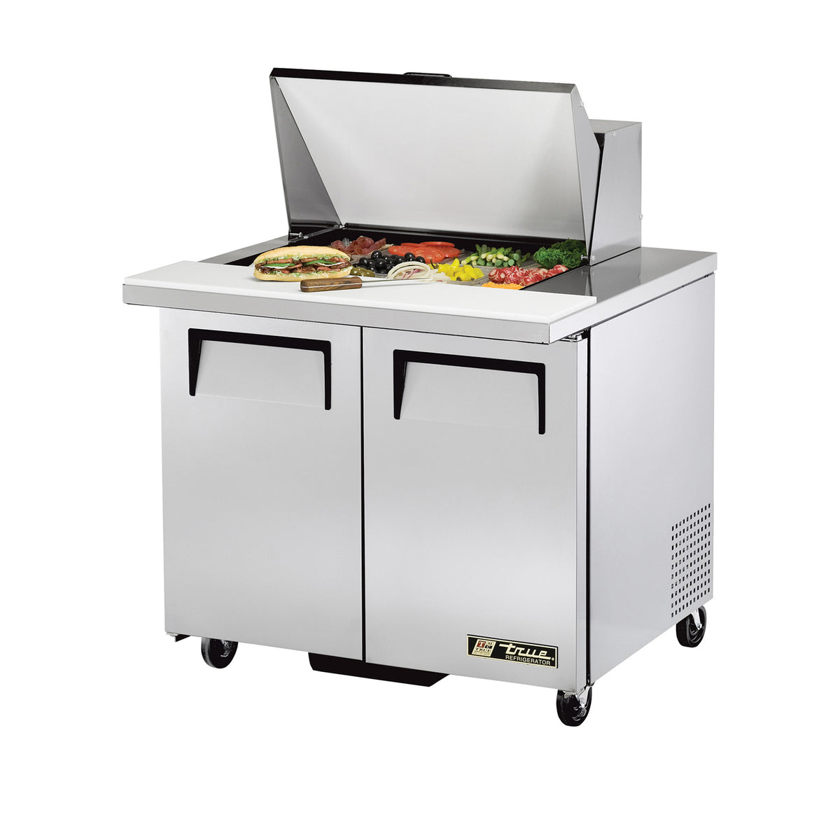 True TSSU-36-15M-B-HC sandwich/salad prep table, front angle view, lid open with ingredients in the pans