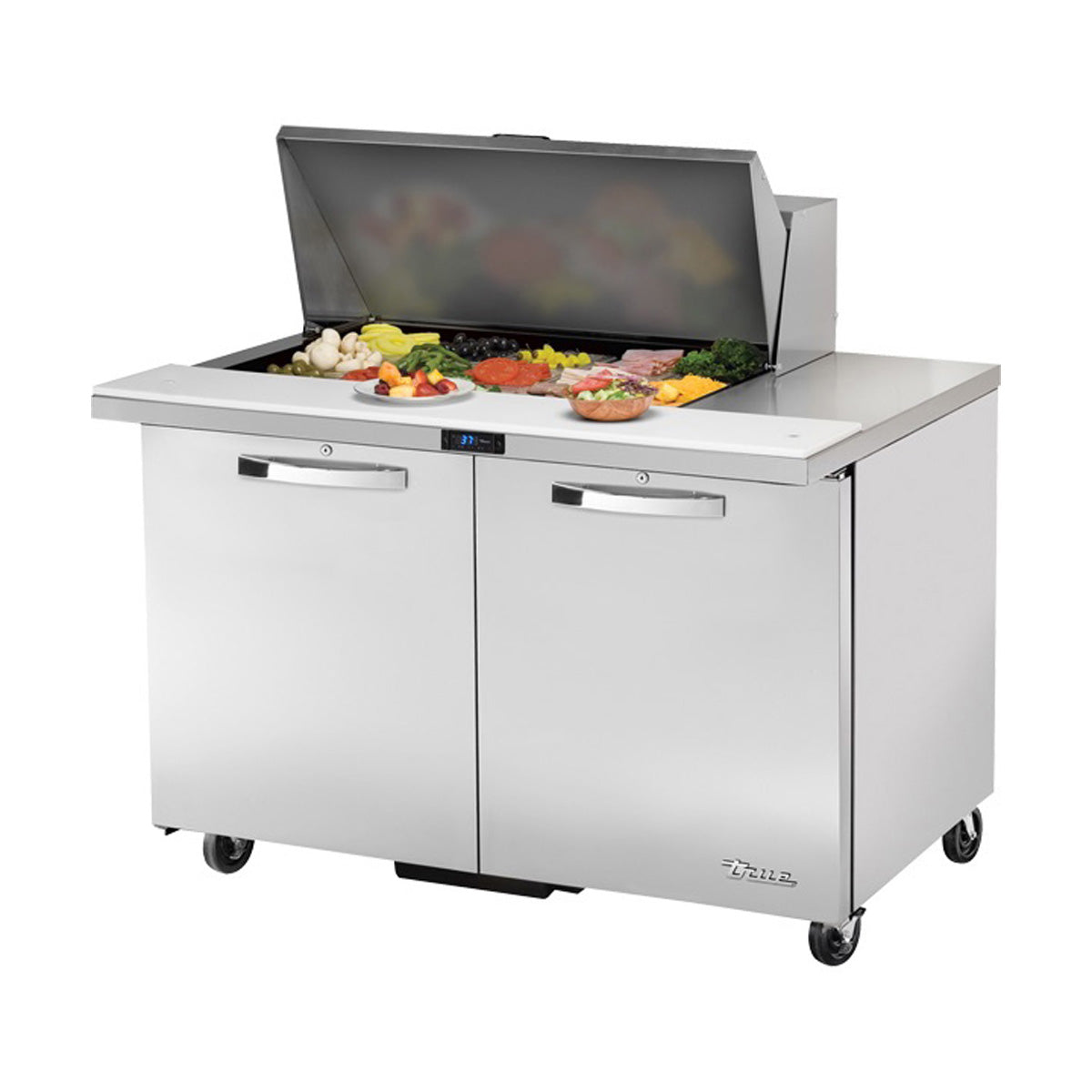 True TSSU-48-15M-B-HC~SPEC3 sandwich/salad prep table, front angle view, lid open with ingredients in the pans