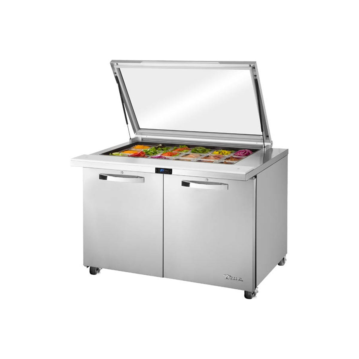 True TSSU-48-18M-B-FGLID-HC~SPEC3 sandwich/salad prep table, front angle view, flat glass lid open with ingredients in the pans