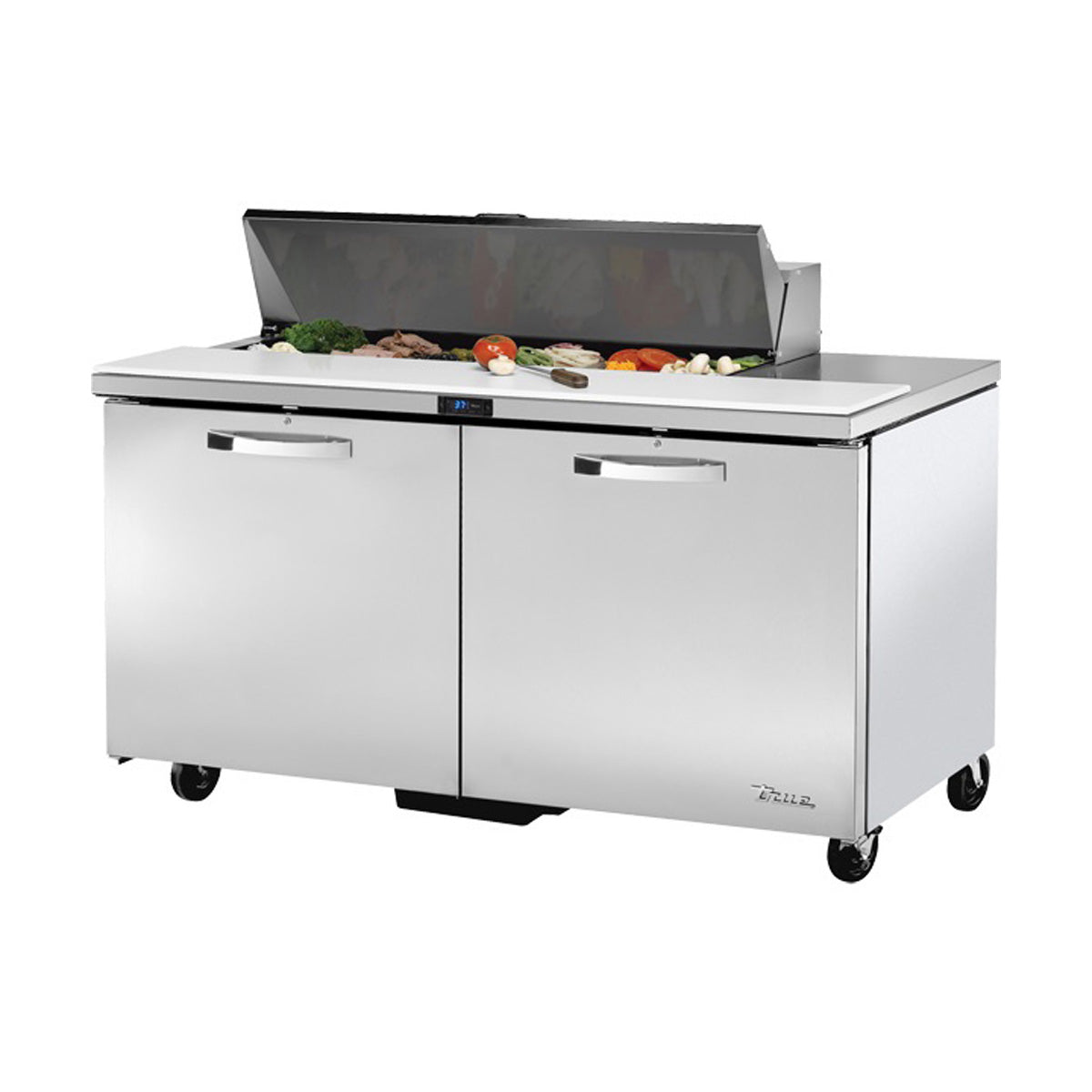 True TSSU-60-12-HC~SPEC3 sandwich/salad prep table, front angle view, lid open with ingredients in the pans