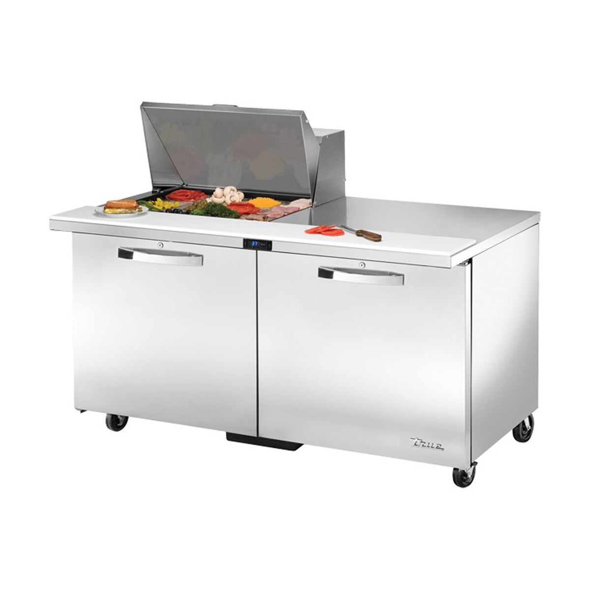 True TSSU-60-12M-B-HC~SPEC3 sandwich/salad prep table, front angle view, lid open with ingredients in the pans