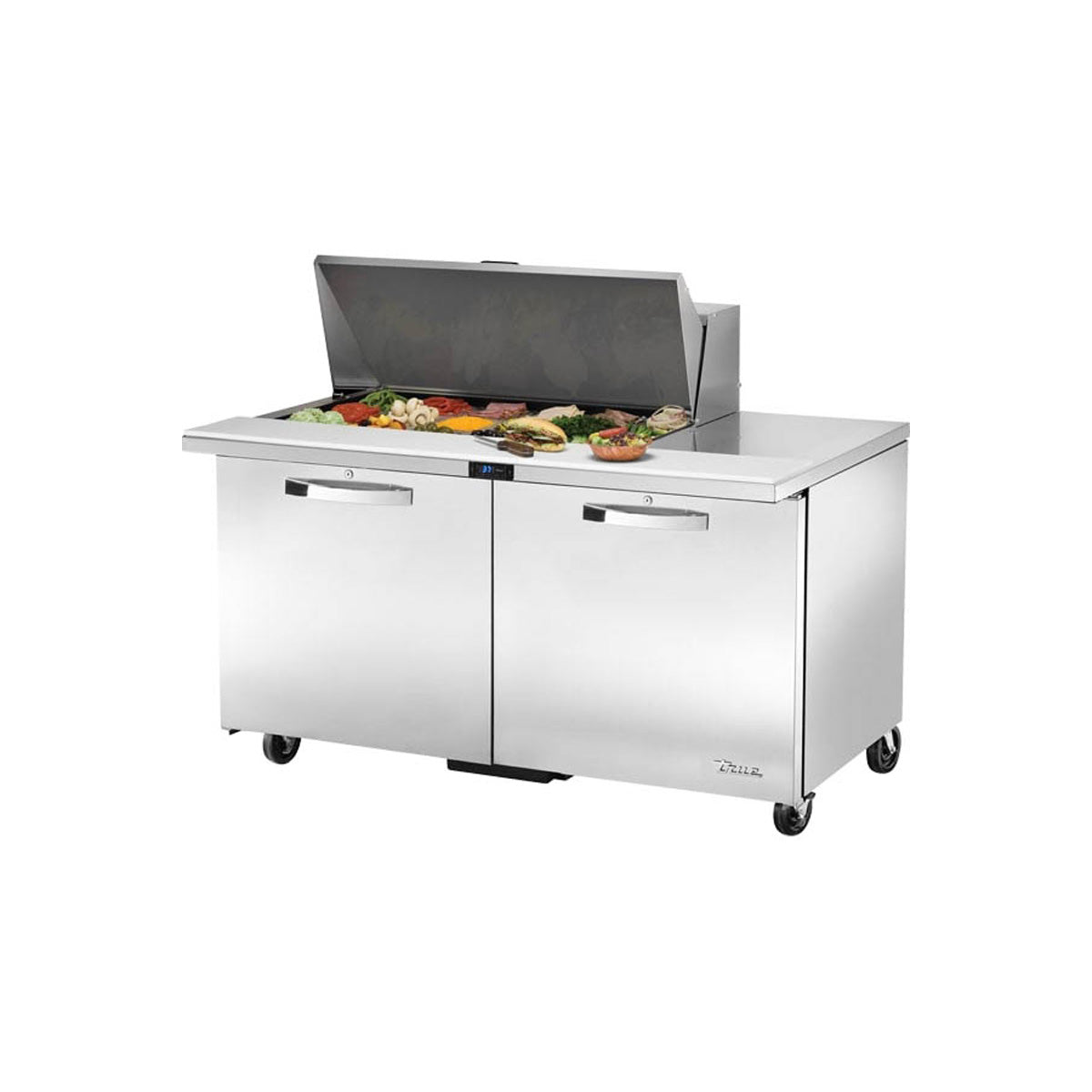 True TSSU-60-18M-B-HC~SPEC3 sandwich/salad prep table, front angle view, lid open with ingredients in the pans