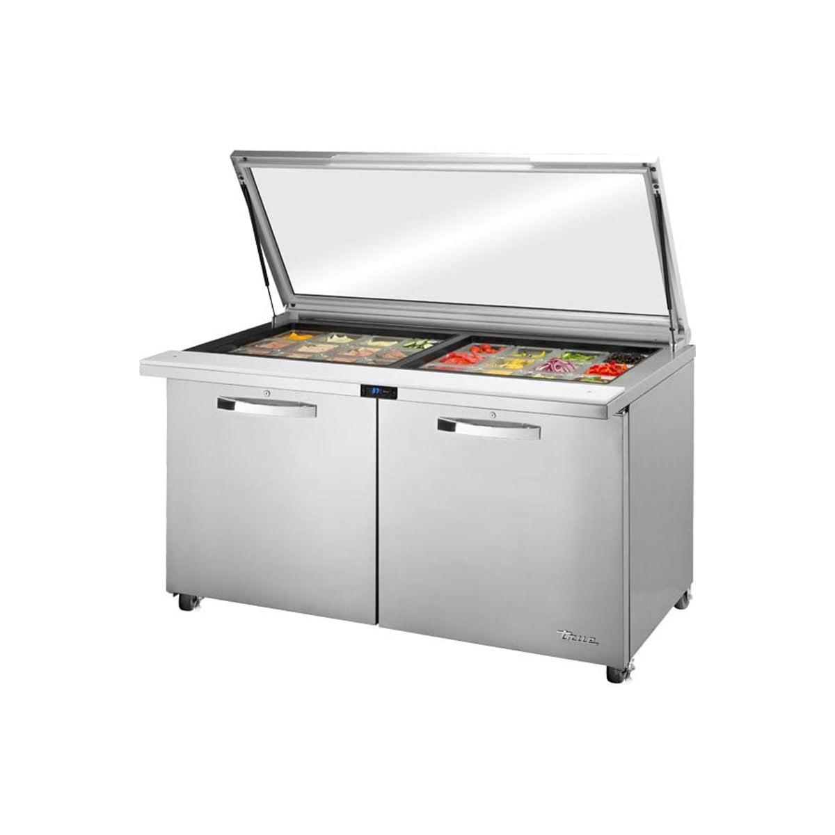 True TSSU-60-24M-B-ST-FGLID-HC~SPEC3 sandwich/salad prep table, front angle view, flat glass lid open with ingredients in the pans
