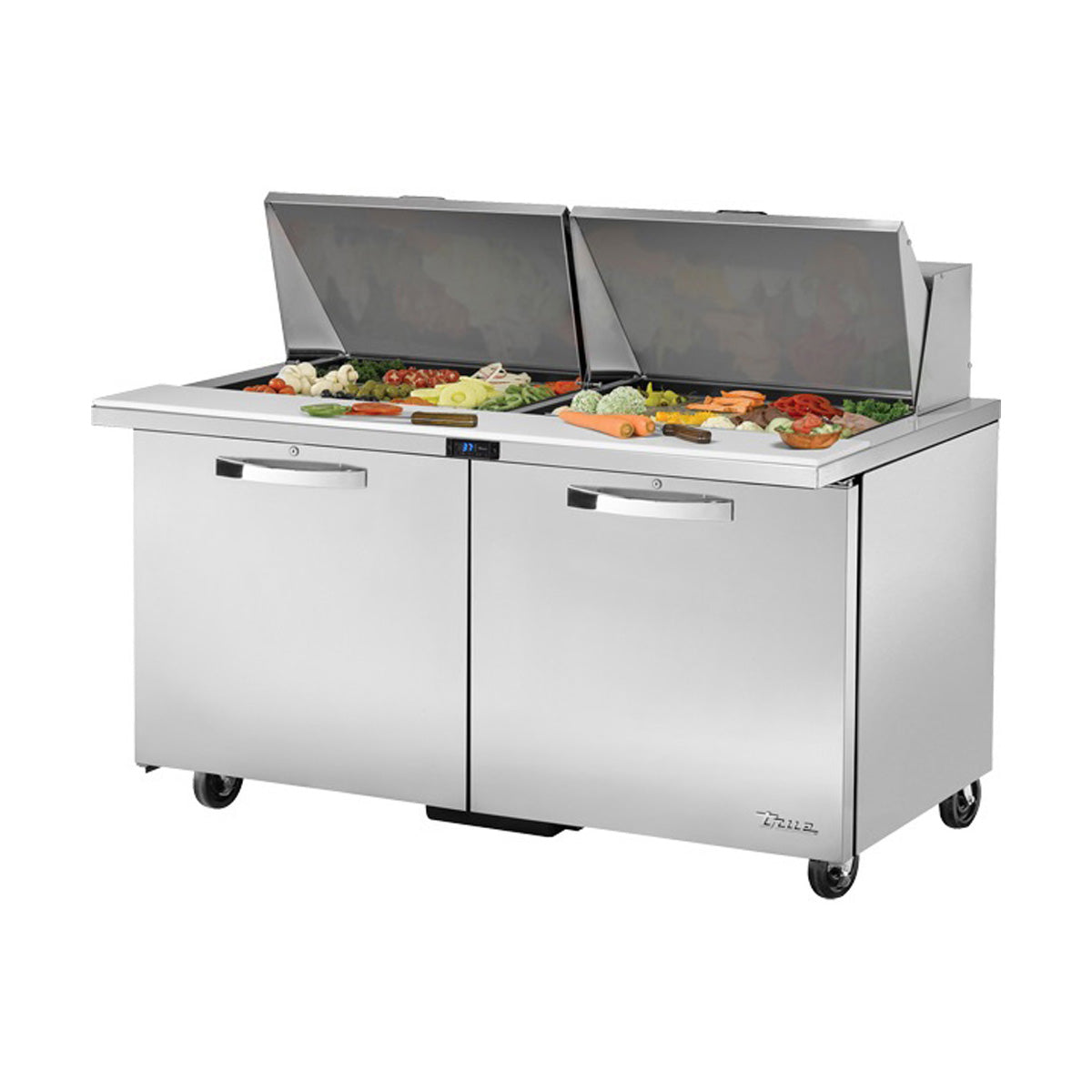 True TSSU-60-24M-B-ST-HC~SPEC3 sandwich/salad prep table, front angle view, lid open with ingredients in the pans