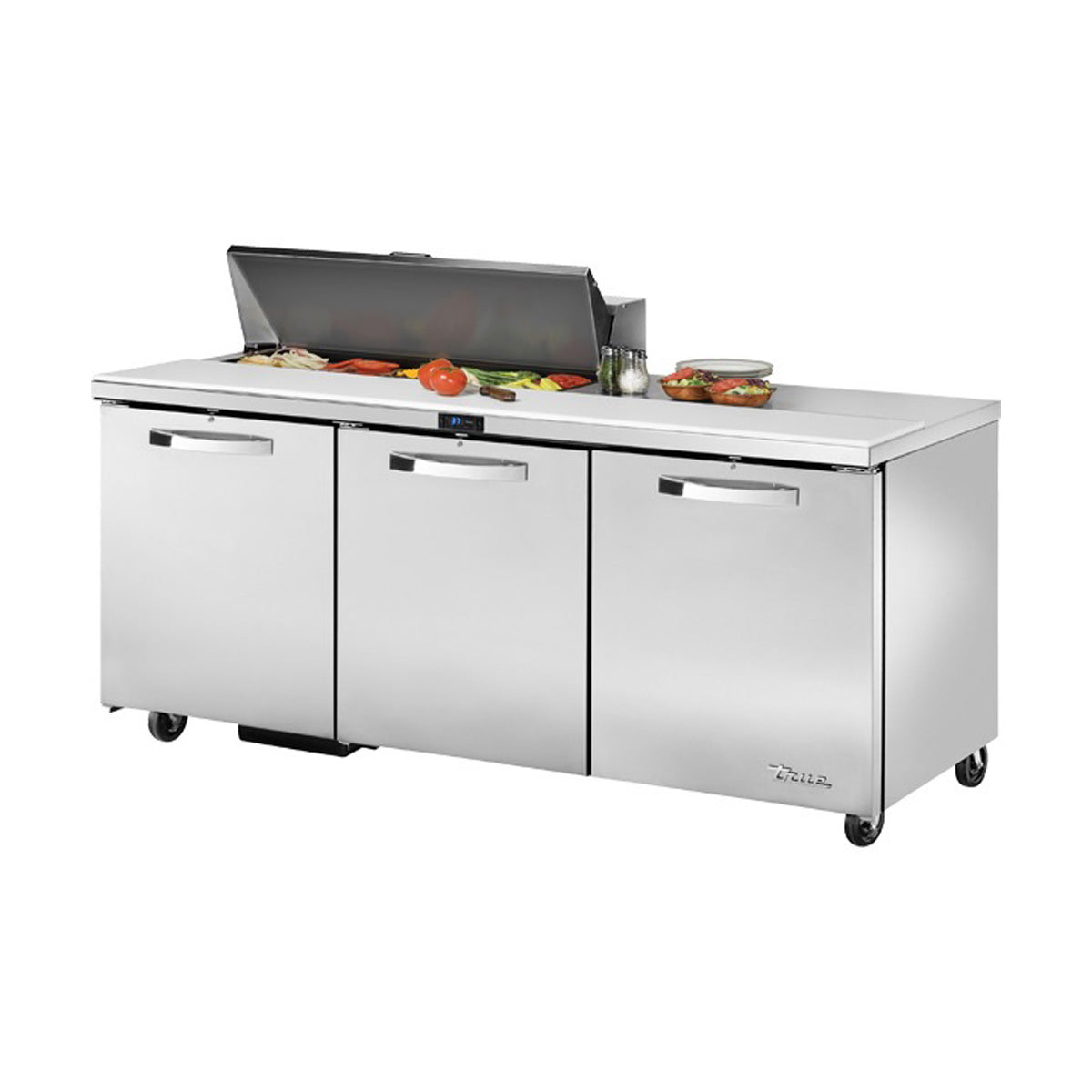 True TSSU-72-10-HC~SPEC3 sandwich/salad prep table, front angle view, lid open with ingredients in the pans