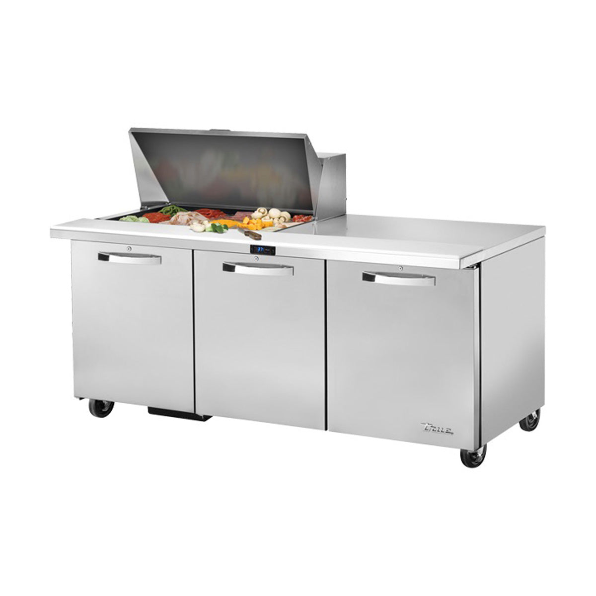 True TSSU-72-15M-B-HC~SPEC3 sandwich/salad prep table, front angle view, lid open with ingredients in the pans