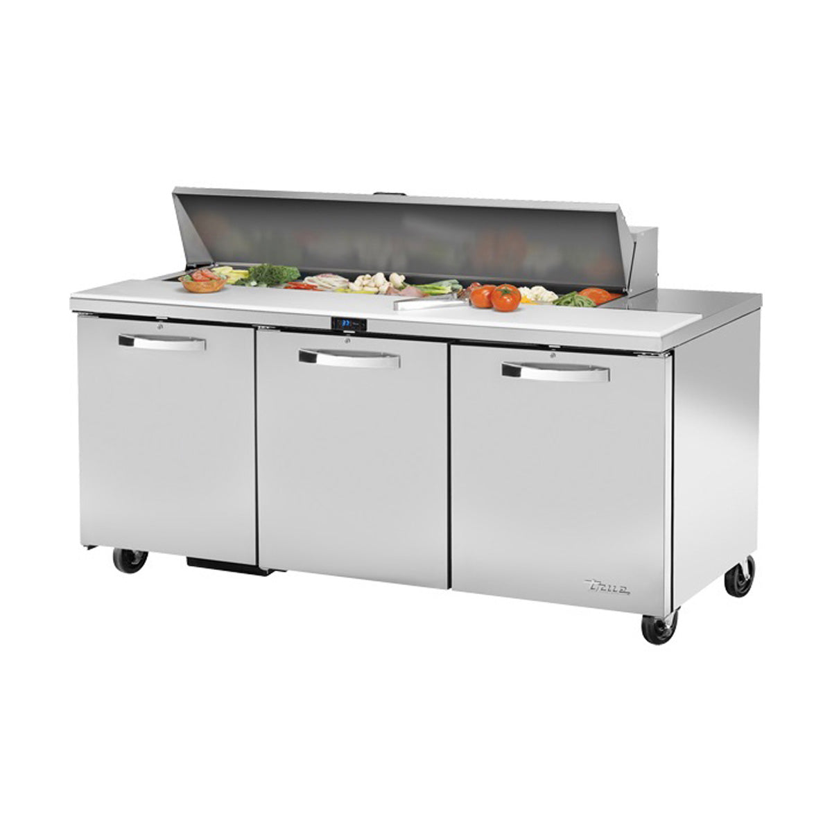 True TSSU-72-16-HC~SPEC3 sandwich/salad prep table, front angle view, lid open with ingredients in the pans