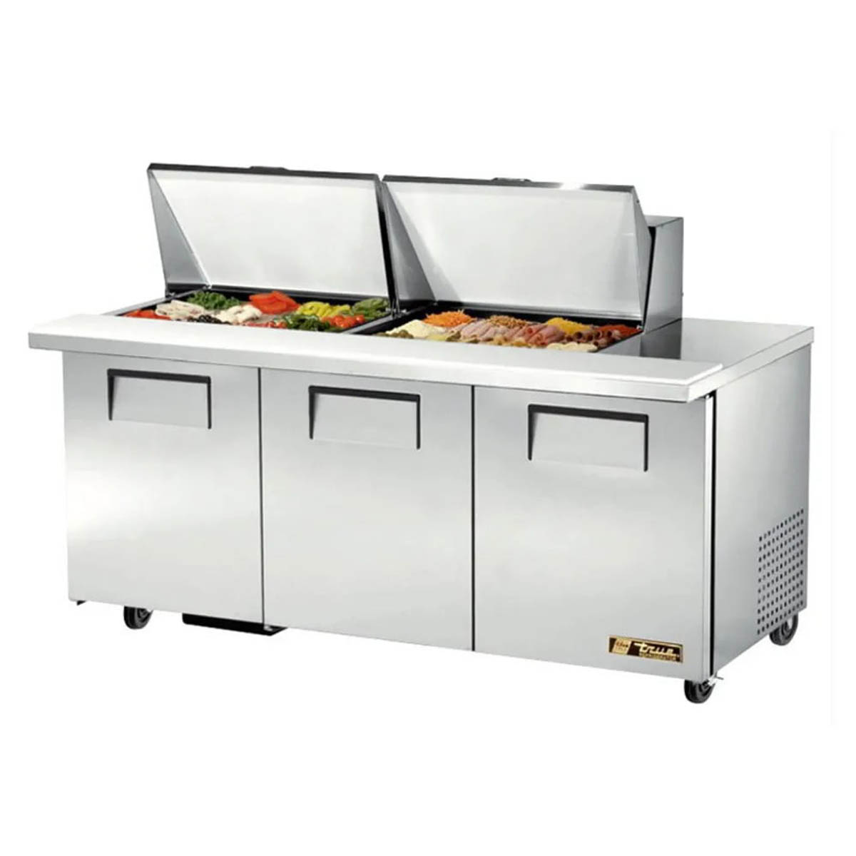 True TSSU-72-24M-B-ST-HC sandwich/salad prep table, front angle view, lid open with ingredients in the pans