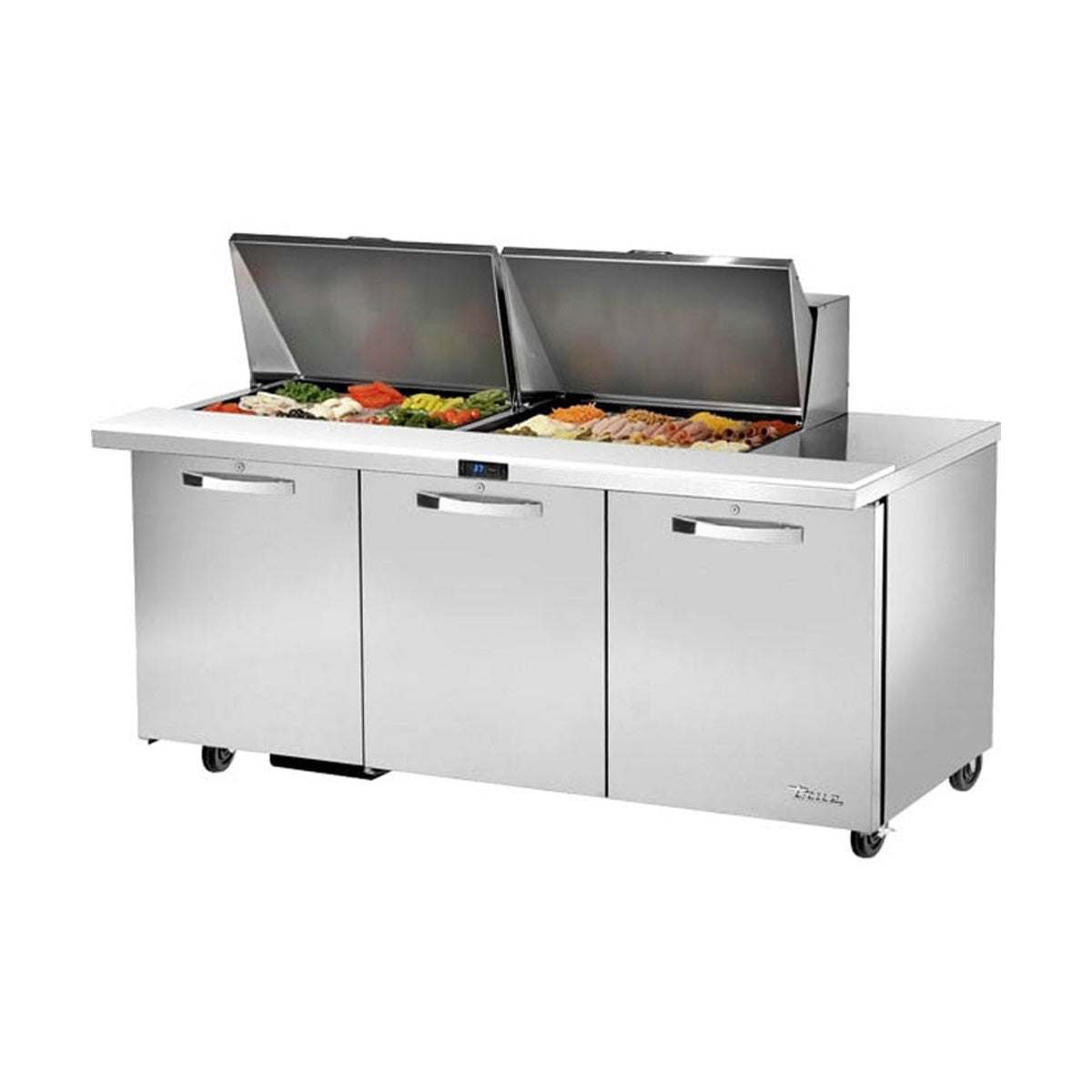 True TSSU-72-24M-B-ST-HC~SPEC3 sandwich/salad prep table, front angle view, lid open with ingredients in the pans