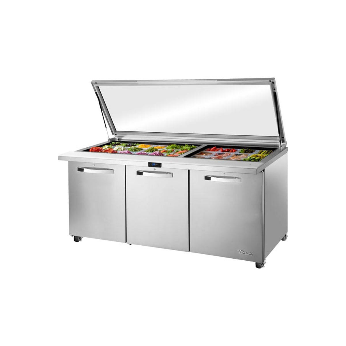 True TSSU-72-30M-B-ST-FGLID-HC~SPEC3 sandwich/salad prep table, front angle view, flat glass lid open with ingredients in the pans