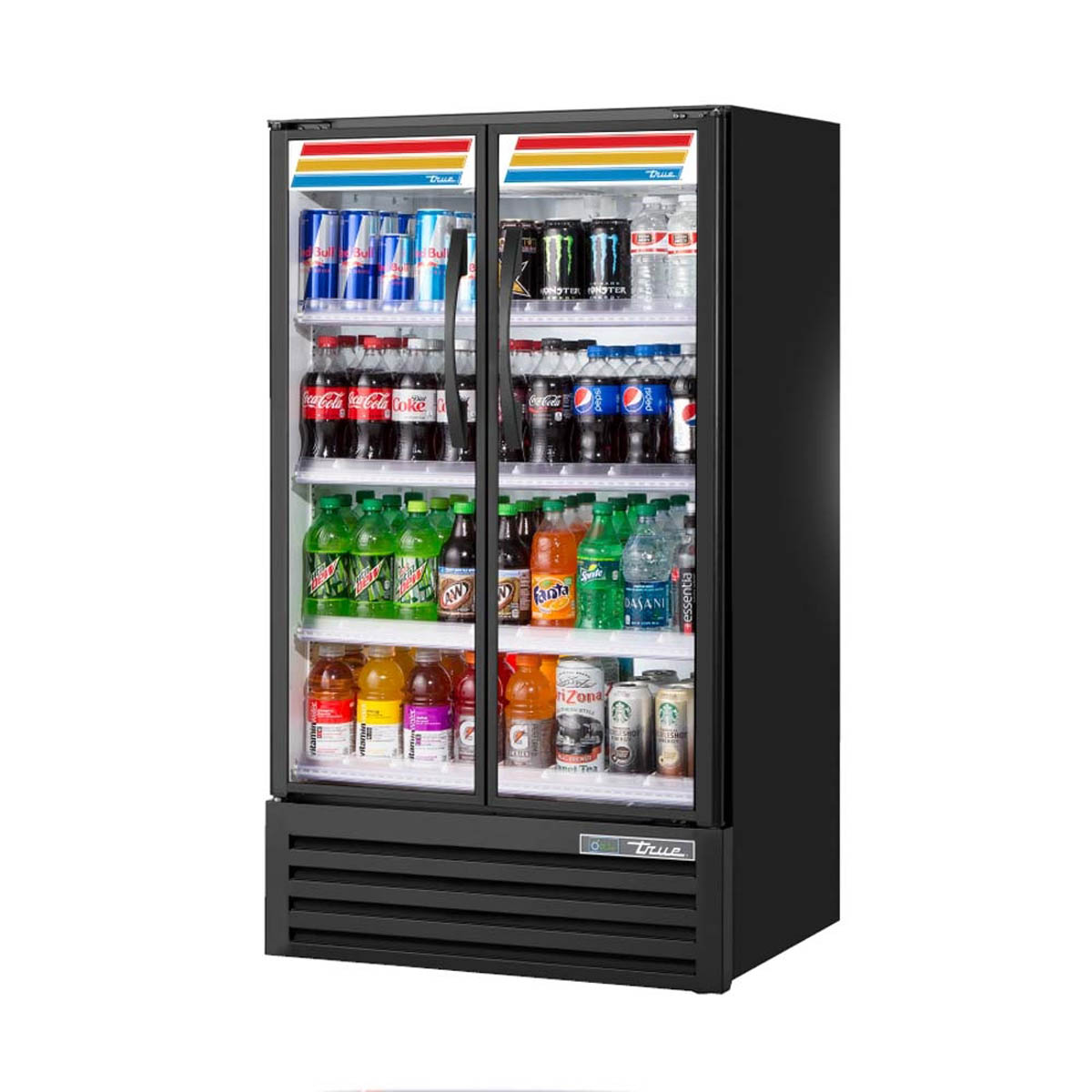 True TVM-30SL-HC~VM03 2-door visual merchandiser, front angle view, stocked with drinks