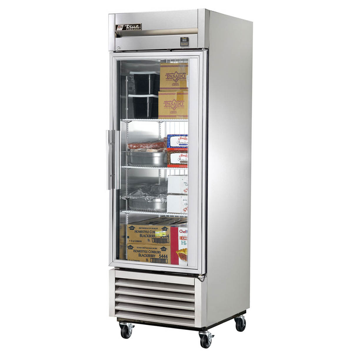 True TS-23FG-HC~FGD01 1-door glass reach-in freezer, front angle view, stocked behind the glass door