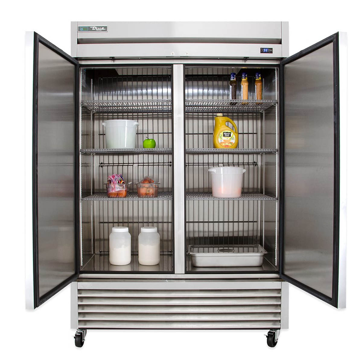 True TS-49F-HC 2-door solid reach-in freezer, both doors open, stocked shelves