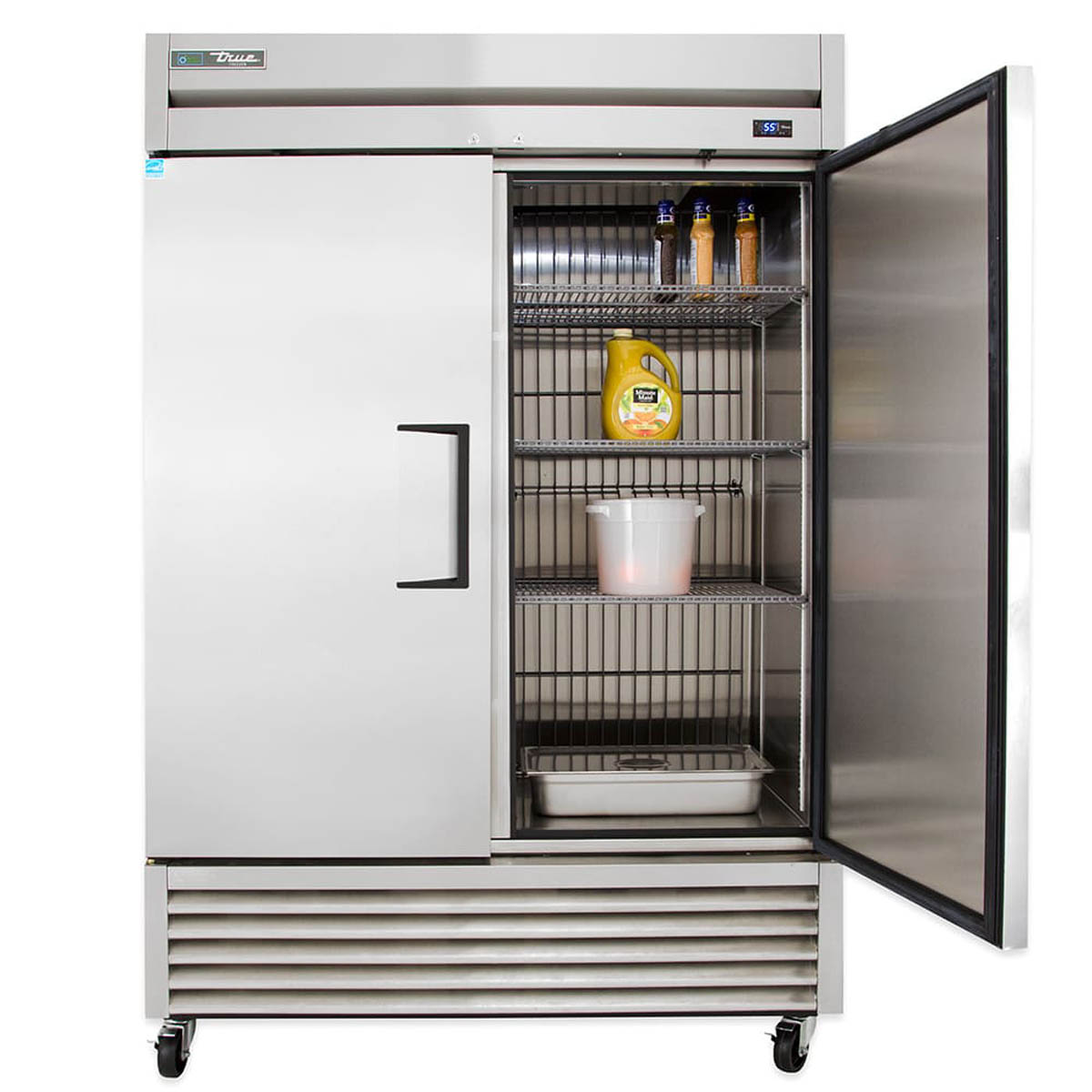 True TS-49F-HC 2-door solid reach-in freezer, one door open, stocked shelves