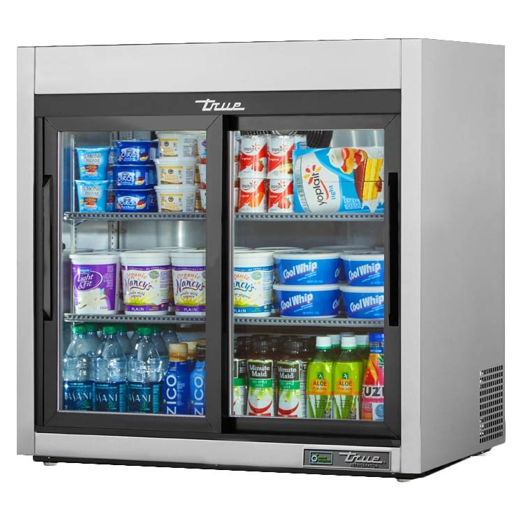 True TSD-09G-HC-LD sliding door reach-in refrigerator, stainless steel, glass doors, front angle view