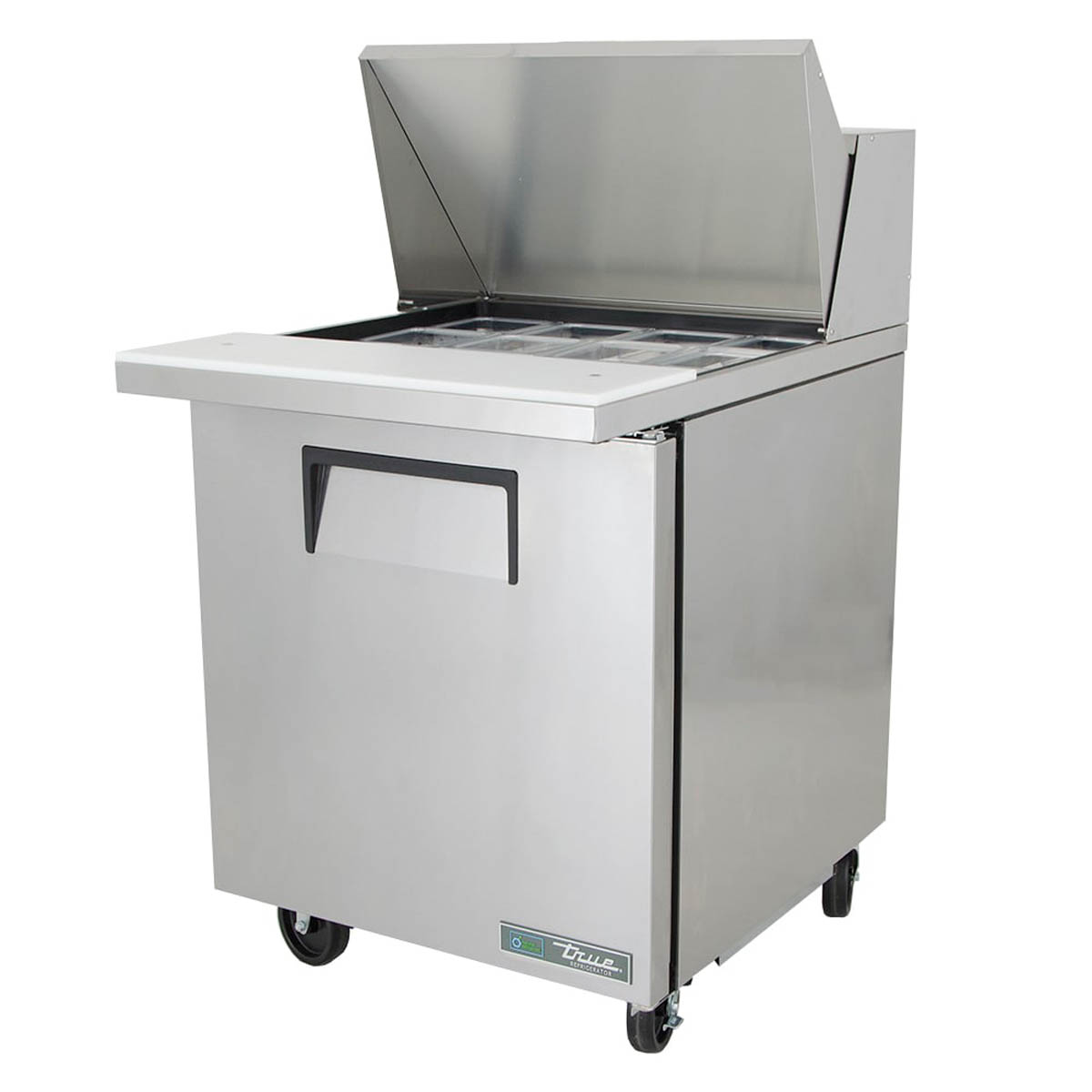 True TSSU-27-12M-C-HC sandwich/salad prep table, front angle view with lid open, empty pans
