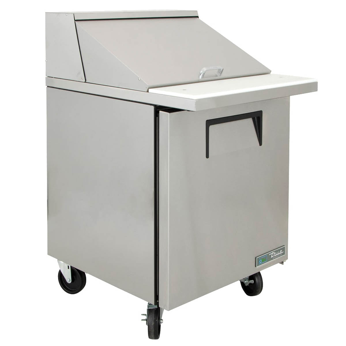 True TSSU-27-12M-C-HC sandwich/salad prep table, front angle view, lid closed