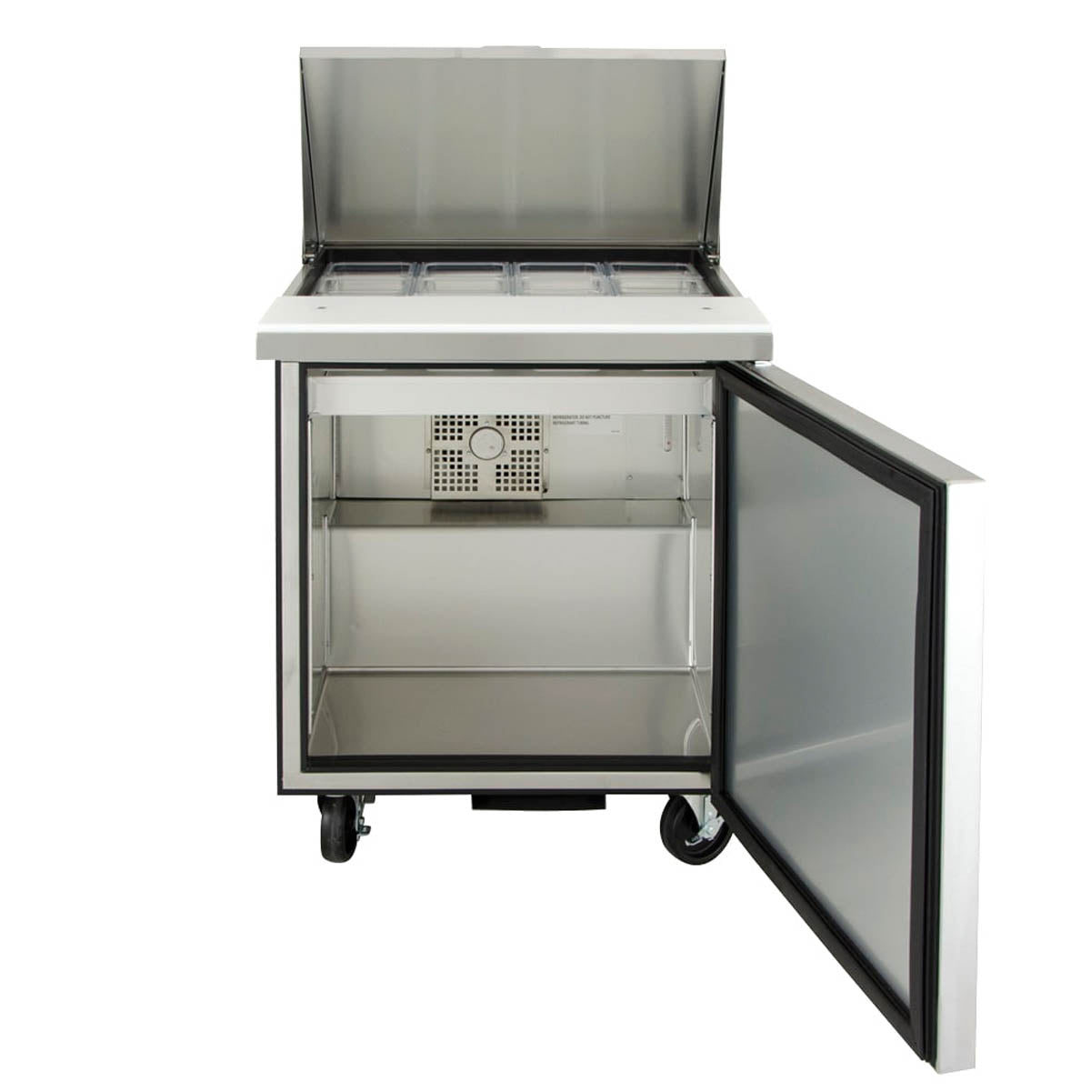 True TSSU-27-12M-C-HC sandwich/salad prep table, front view with the door open