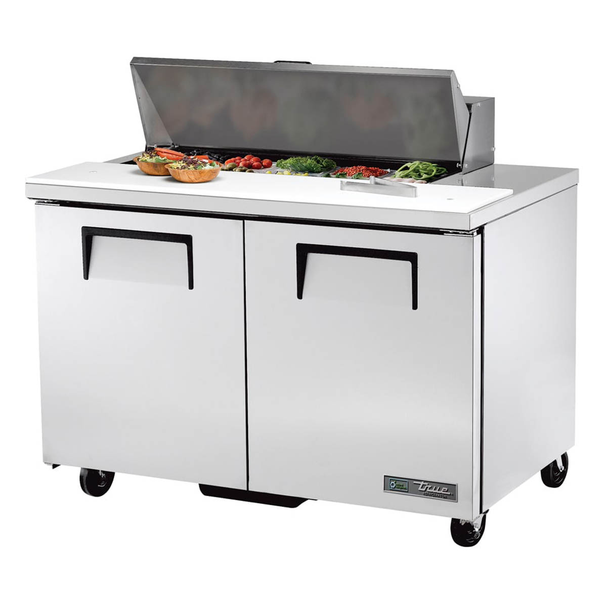 True TSSU-48-10-HC sandwich/salad prep table, front angle view, lid open with ingredients in the pans