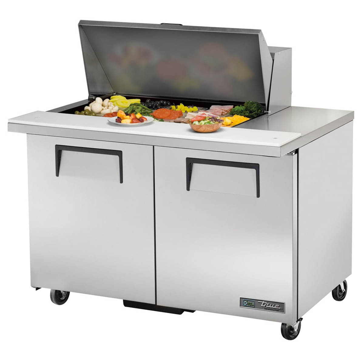 True TSSU-48-15M-B-HC sandwich/salad prep table, front angle view, lid open with ingredients in the pans
