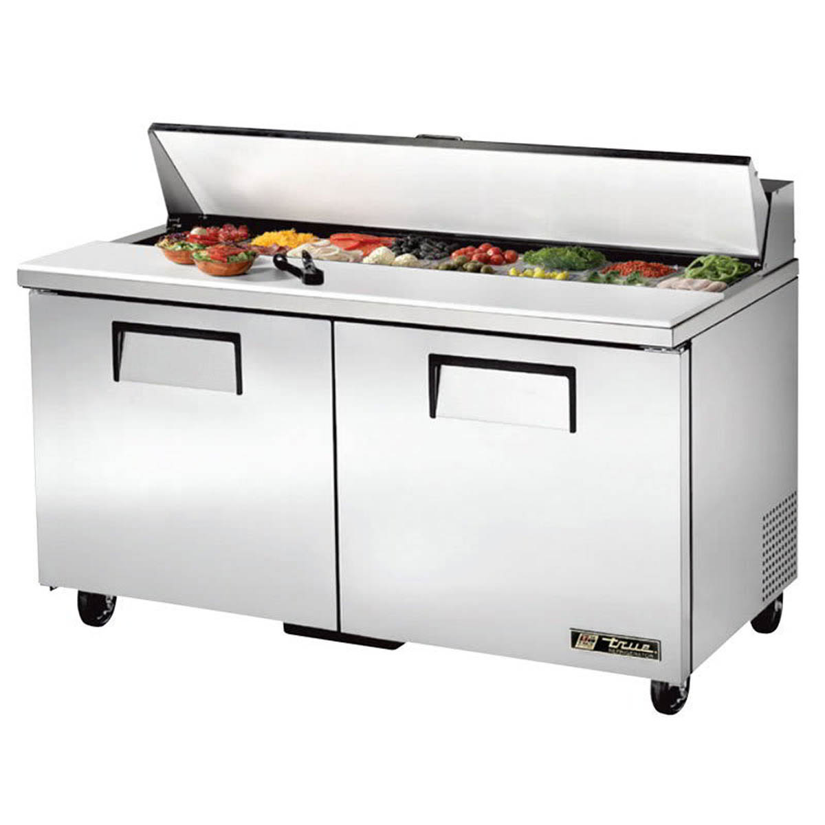 True TSSU-60-16-HC sandwich/salad prep table, front angle view, lid open with ingredients in the pans