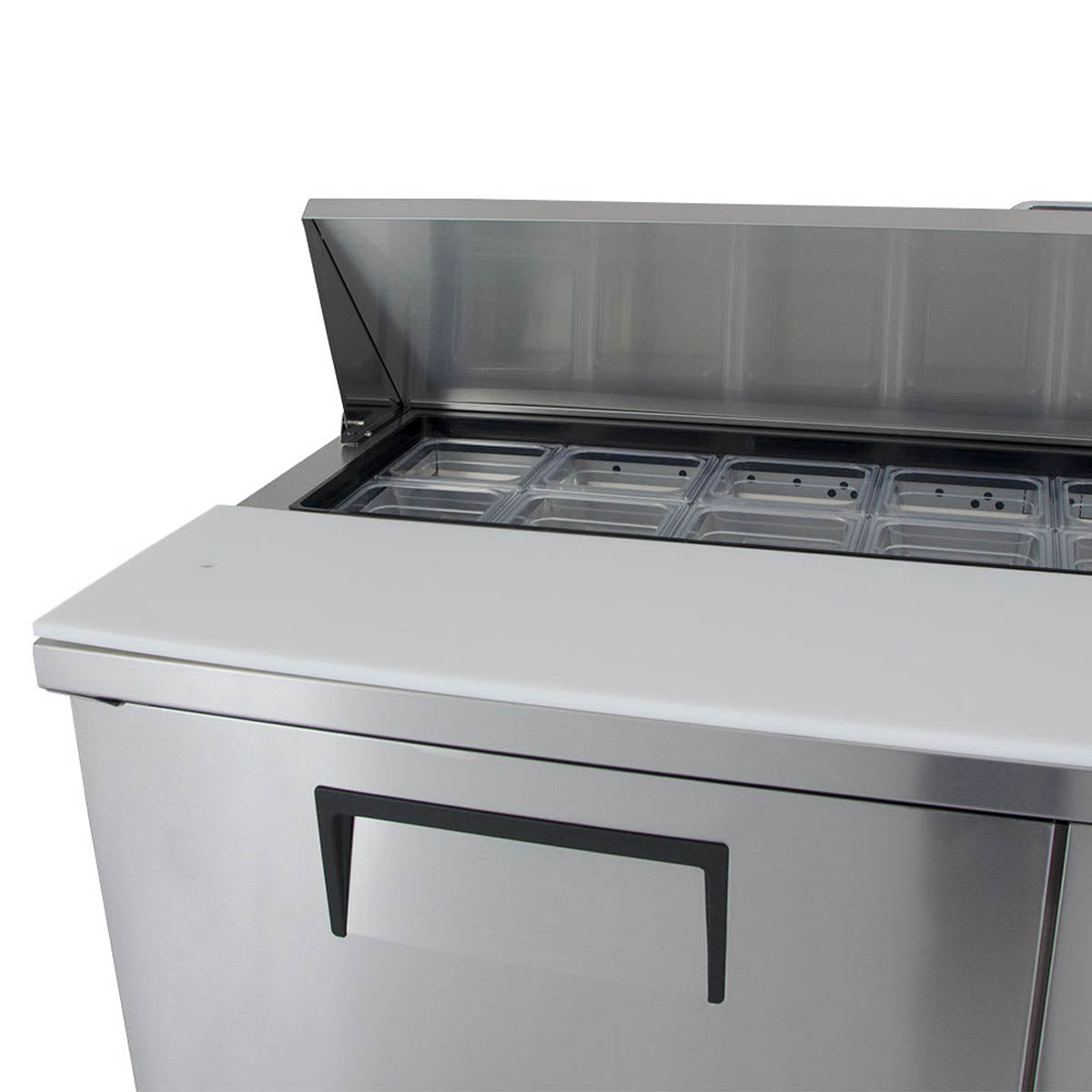 True TSSU-60-16-HC sandwich/salad prep table, close-up of the open lid over the food pans