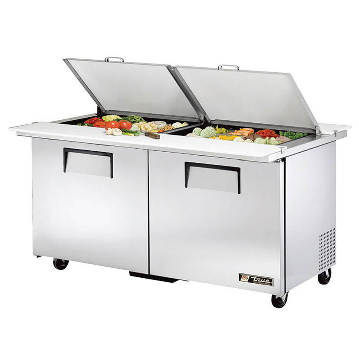 True TSSU-60-24M-B-DS-ST-HC dual-sided sandwich/salad prep table, front angle view, lid open with ingredients in the pans